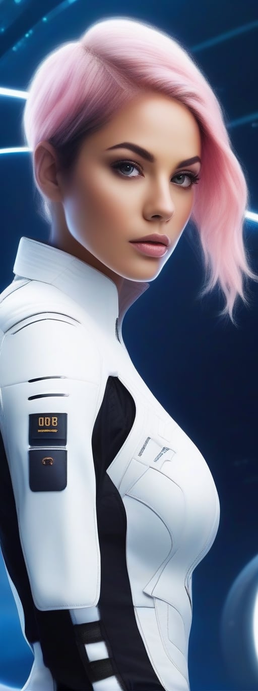 I'm requesting a high-quality, centered professional photograph featuring a young woman with pastel pink hair gradually fading to peach, dressed in a white mecha pilot suit, standing in front of a sleek white futuristic spaceship. The scene should be set against the backdrop of a deep blue sky punctuated by large white clouds on the edges. The style should recall the works of Ilya Kuvshinov and be placed in a nanopunk universe. Her hair should form a striking contrast with her white pilot suit, the pink and peach hues appearing even more vibrant. The suit, with its sharp cuts, intricate detailing, and glossy white finish, should exude a futuristic and high-tech aesthetic, quintessential for a nanopunk theme. The spaceship in the backdrop should be grand, sleek, and modern, reflecting advanced technology. The white color of the spaceship should interact beautifully with the sunlight, creating an array of glistening light and shadow across the spaceship's surface. The sky forms the canvas for this scene, its deep blue hue serving as the perfect contrast to the white elements in the frame. Large white clouds should billow at the edges, lending a touch of realism to this futuristic setup. Her face should be the focal point of the image, perfectly lit, and meticulously detailed, encapsulating the essence of her character. Her gaze should be directed towards the horizon, embodying a determined, almost dreamy expression, reflecting her affinity for her piloting pursuits. The lighting should be balanced and realistic, illuminating her face, the pilot suit, and the spaceship in a manner that accentuates their details and enhances the overall visual narrative. The prompt thus describes a richly detailed portrait of a young woman and her high-tech world, epitomizing her courage and ambition in a captivating nanopunk setting.