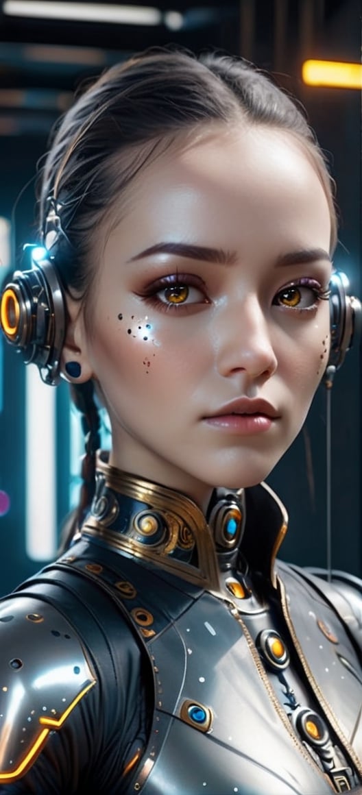 a Silver and black dotted face with circuits on it, in the style of futuristic glamour,Steam punk steam punk animated gifs, stefan gesell, algorithmic artistry, android jones, tim hildebrandt, pop art consumer culture Cyberpunk 2077, Pixel-Art Adventure featuring a modern monk: and a Robot Pixelated monk character, vibrant 8-bit environment, reminiscent of classic games.,Leonardo Style 
A person staring blankly into screen standing in a gaming center , 4k, ultra realistic, beautiful , amazing 