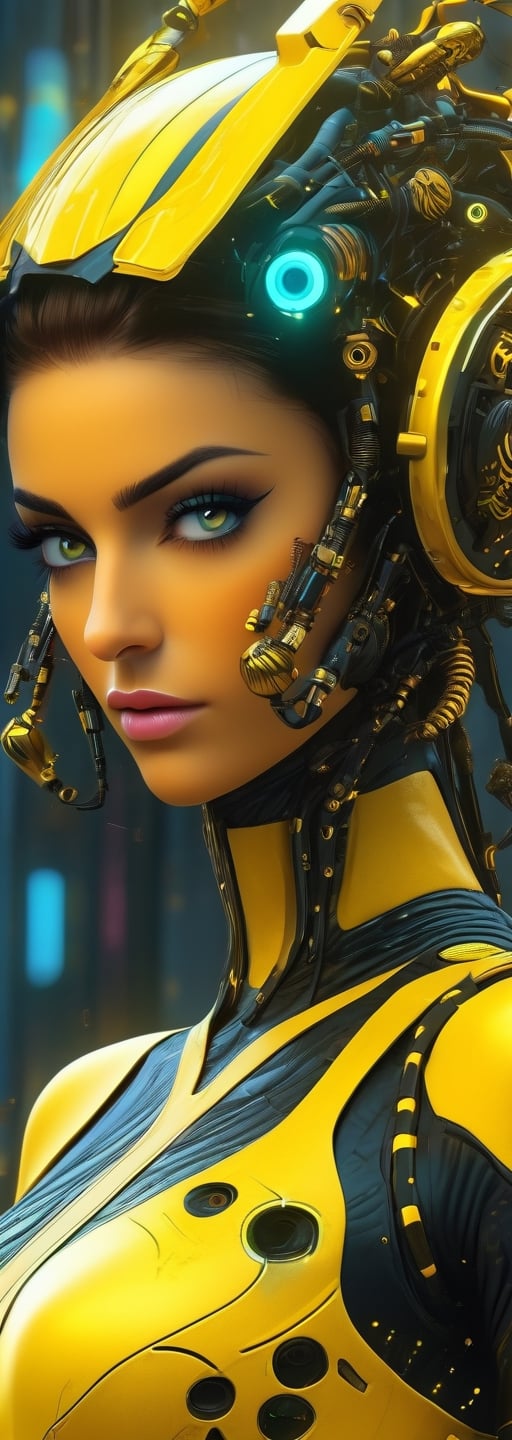 a woman dressed is a yellow and black dress with a helmet, in the style of cyberpunk realism, zbrush, argus c3, made of insects, industrial machinery aesthetics, shiny eyes, high definition