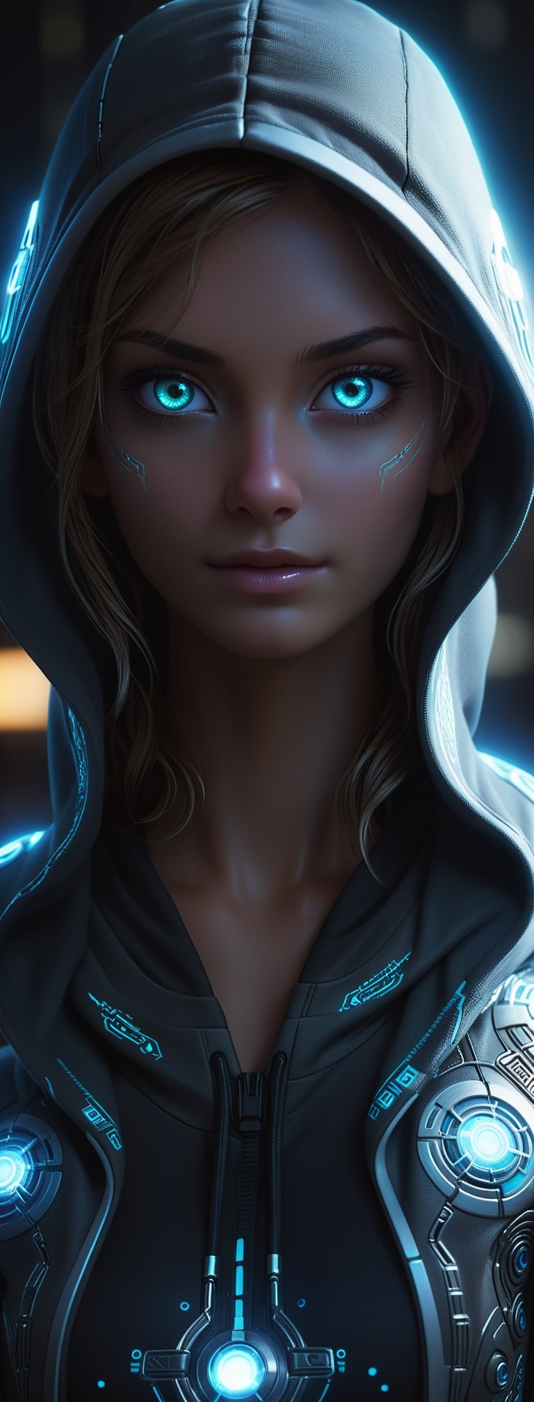 realistic, 1girl, In a futuristic metropolis, a mesmerizing figure emerges from the shadows wearing a bioluminescent hoodie, their face glowing with intricate details and captivating eyes that hint at a mysterious cybernetic world, detailed eyes, cleavage, collarbone