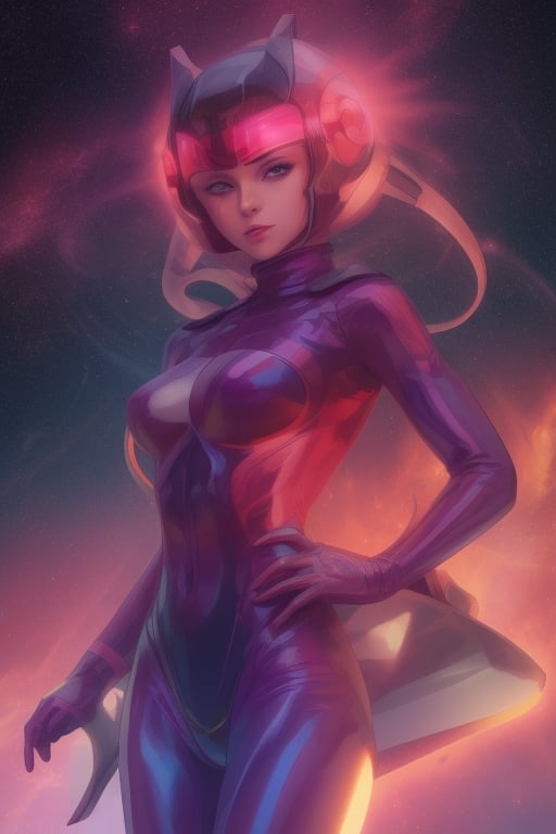 1 girl, fiery red jacket, tight suit,Space helm of the 1960s,and the anime series G Force of the 1980s,Darf Punk wlop glossy skin, ultrarealistic sweet girl, space helm 60s, holographic, holographic texture, the style of wlop, space, stands on a pedestal 