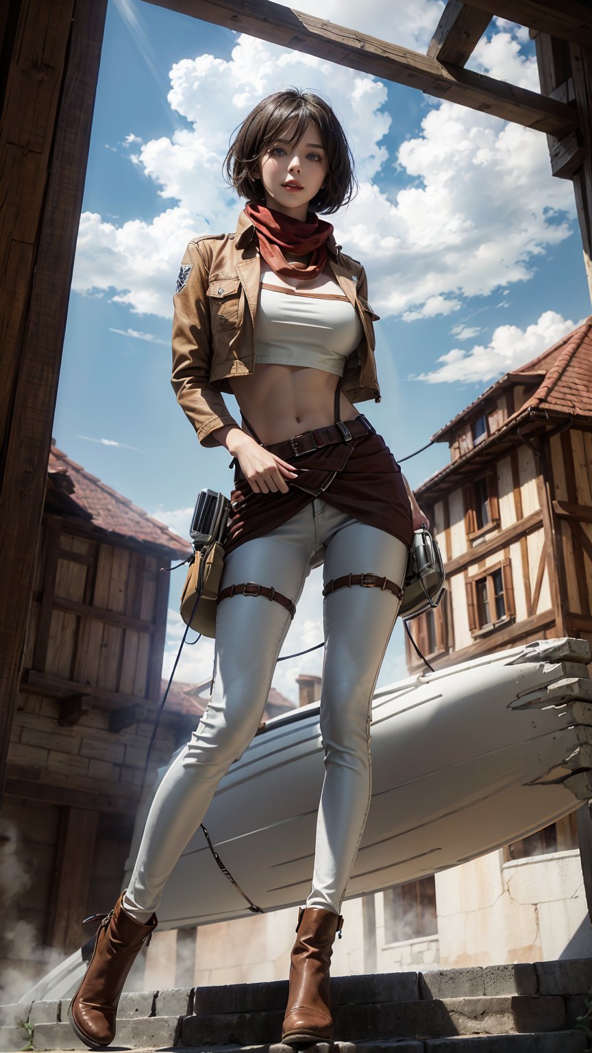 {{{masterpiece}}}, {{{best quality}}}, {{{ultra-detailed}}}, {cinematic lighting}, {illustration}, 1girl, hmmikasa, mikasa, white pants, short hair, black eyes, scarf, emblem, brown crop open jacket, belt, thigh strap, red scarf, {white pants}, white crop top, sexy ass, sexy breasts, nice hands,cleavage, 3DMM, gigantic breasts, bilateral symmetry, nice hands, In the background of medieval architecture, there are monsters and giants in the distance.,hmmikasa,