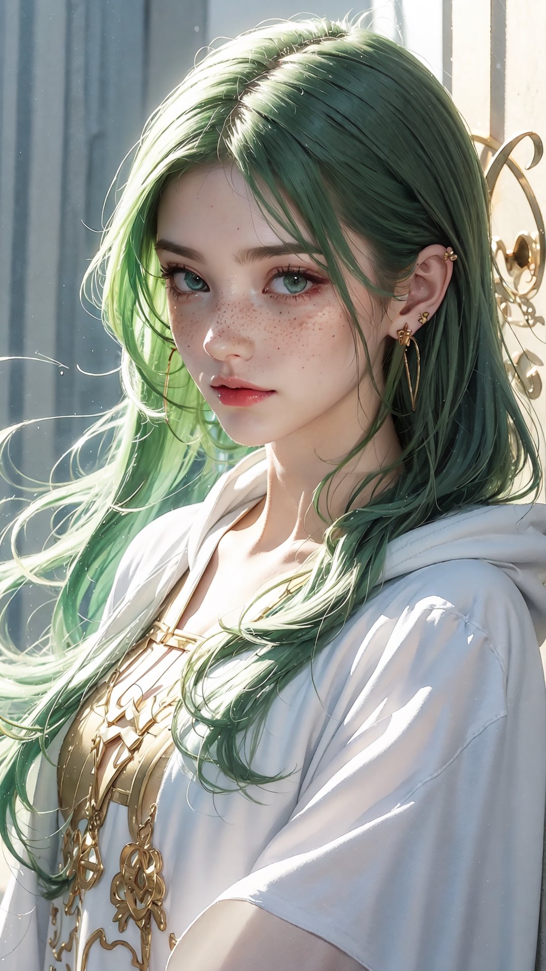 1 girl, arcane style, watercolor style:1.5,watercolor,  long hair, freckles, green hair, golden big earings, feathers, hoddie, 