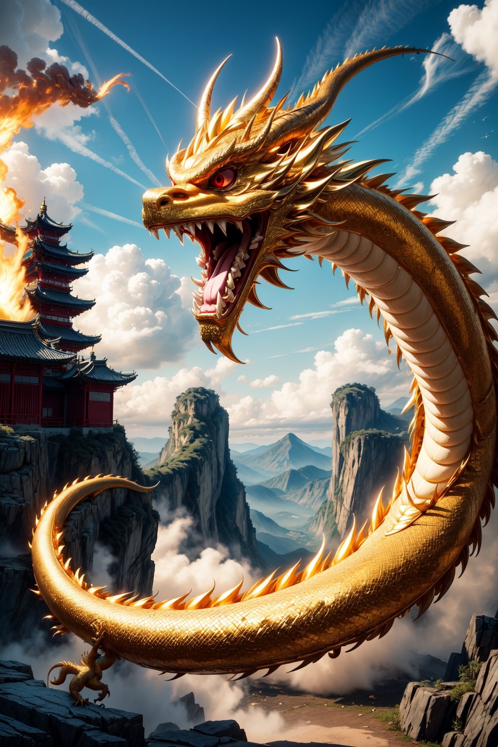 Best quality,masterpiece,ultra high res,nu no humans, (long:1.2), no humans, cloud, architecture, east asian architecture, red eyes, horns, open mouth, sky, fangs, chinese dragon, cloudy sky, teeth, flying, fire, bird, wings ,long, EpicArt
(Masterpiece, Best Quality, 8k:1.2), (Ultra-Detailed, Highres, Extremely Detailed, Absurdres, Incredibly Absurdres, Huge Filesize:1.1), (Anime Style:1.3), , Golden oriental dragon,Cyberpunk,Golden Chinese Dragon,Oriental Dragon,Goku