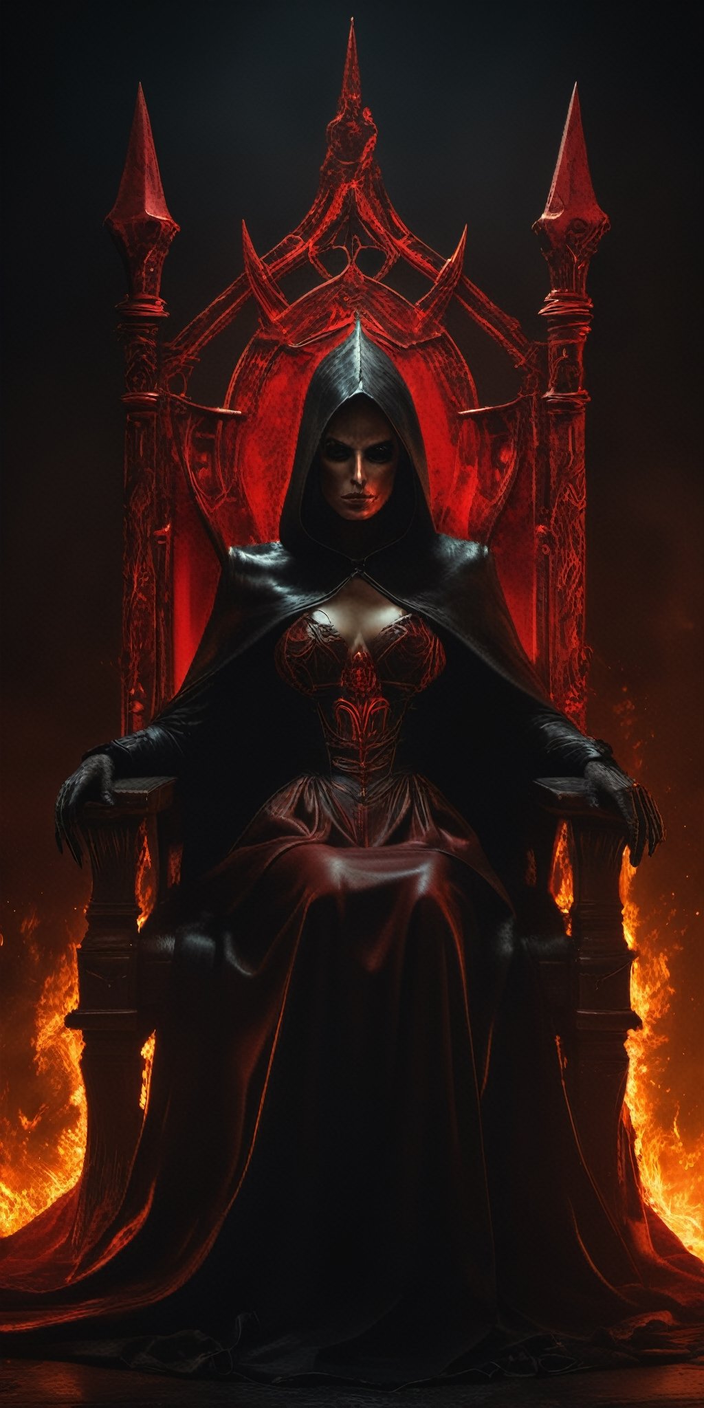 a woman sitting in red on a hellish demonic burning chair, in the style of darksynth, iconographic symbolism, kevin hill, princesscore, dark black and amber, changelingcore, majestic figures 
Modern art style on the theme of the middle ages plague in the style of Stefan Gesell, golden ratio, fantasy horror art, photorealistic dark concept art, in style of dark fantasy art, lich vecna (d&d), detailed 4k horror artwork, stefan koidl inspired, ((stefan koidl)),Movie Still,Film Still,Cinematic,Cinematic Shot