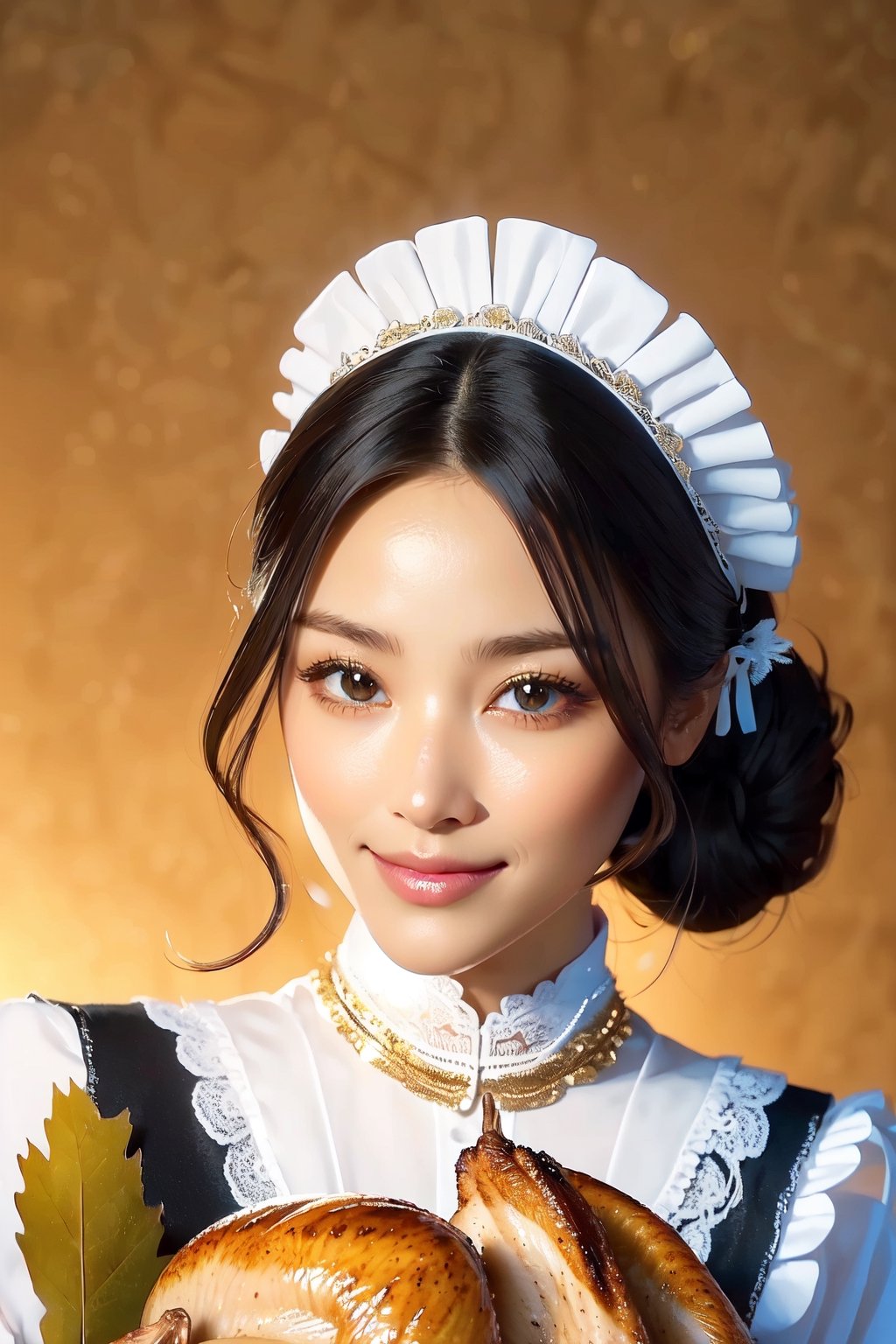 ((best Quality: 1.4)), (Unparalleled Masterpiece), (Ultra High Definition) , (Ultra Realistic 8k CG),(ultra detailed),(maid ),(art by Jean Baptiste Monge),carring and showing a plate of Thanksgiving turkey,(lovely smile),highly detailed (maid clothes), half_apron ,stunningly beautiful , highly detailed beautiful hair , highly detailed hairstyle, cinematic, happy ,in luxury old western house, perfect lighting, Use a backlighting effect to add depth to the image, Anisotropic Filtering, Depth of Field, Maximum clarity and sharpness, ,8 life size , thicc body:0.8 ,perfect anatomy , symmetrical and balanced, beautiful gradient , sharp focus, 4k resolution, golden ratio,(half body image), Beautiful Composition,Realism,Epic,(looking at viewer),Thanksgiving turkey,shining_sparkle_background,(viewed from above),(face close up),realhands