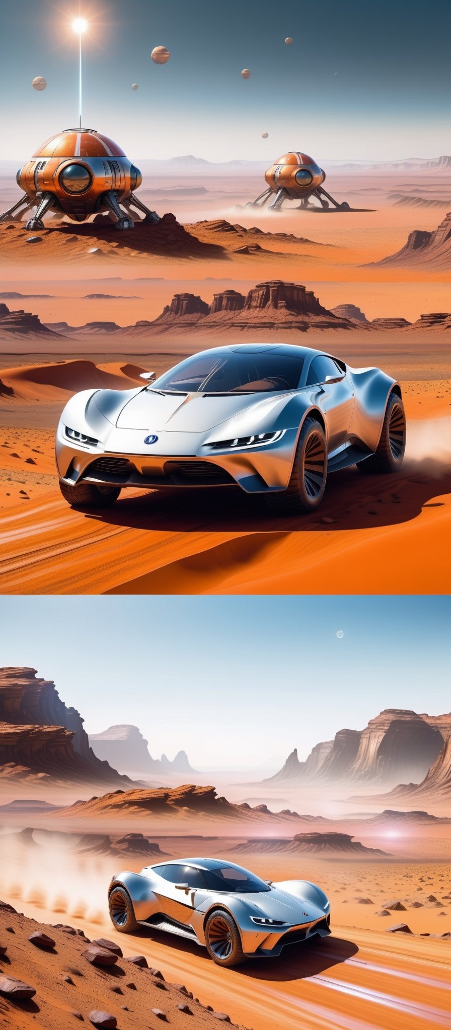 Imagine and create a captivating image of a futuristic space car gracefully traversing the Martian surface. Illuminate this scene with Hi-Tech elements, glowing features, and a super realistic aesthetic. Request a 32k ultra HDR resolution for a high-quality masterpiece that immerses viewers in the marvel of a space vehicle exploring the red planet.