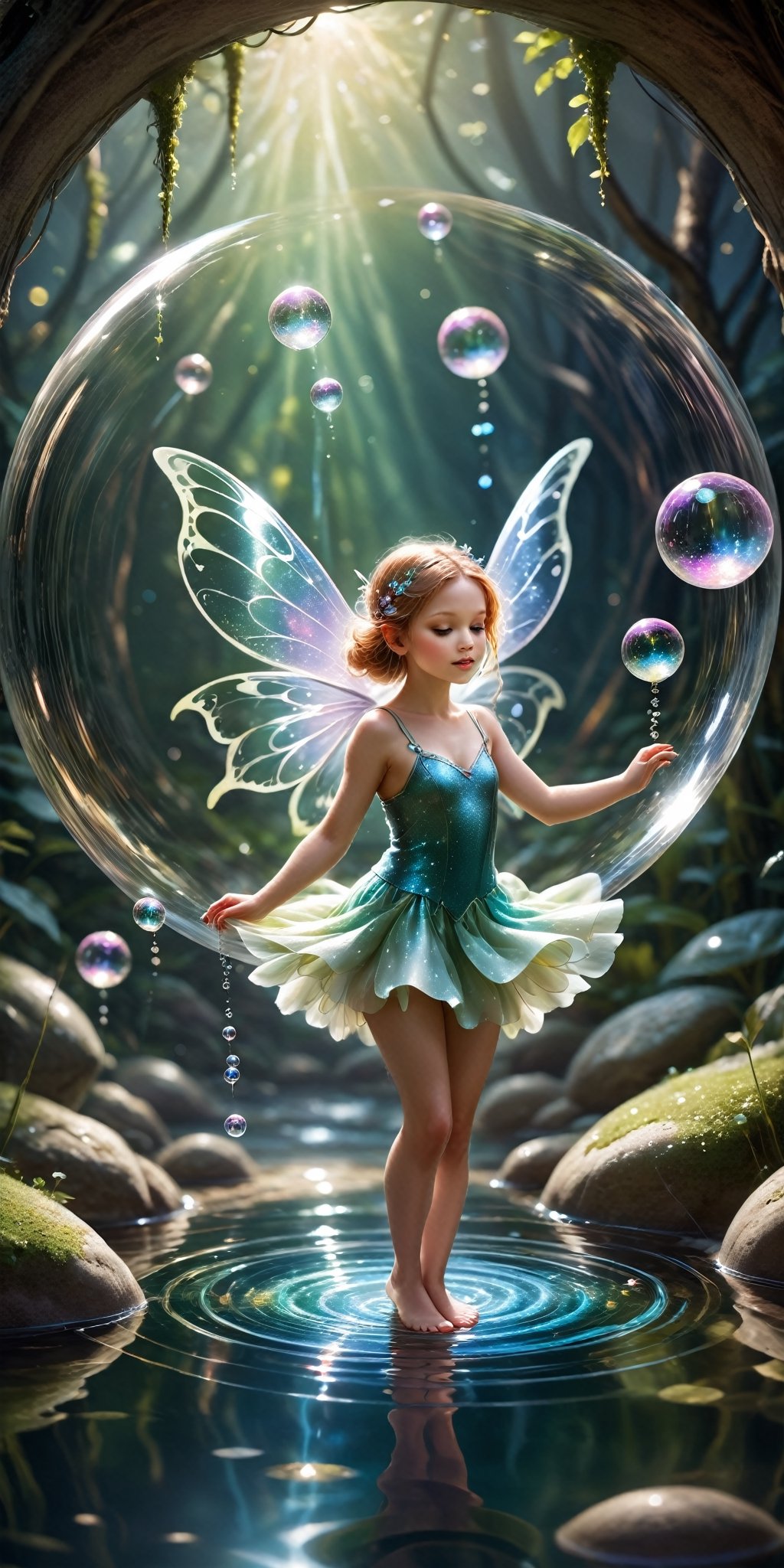 Imagine a scene of enchantment featuring beautiful tiny mini fairies gracefully positioned inside glistening water bubbles. Encourage artists to capture the ethereal beauty of these magical beings against a captivating background, creating a visually stunning and whimsical image. This prompt invites the creation of a beautiful and mesmerizing scene that celebrates the delicate allure of fairies and the enchantment found within sparkling water bubbles.