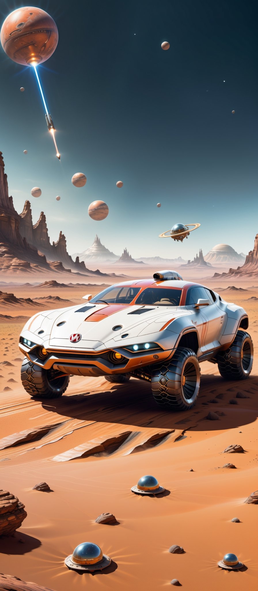 Imagine and create a captivating image of a futuristic space car gracefully traversing the Martian surface. Illuminate this scene with Hi-Tech elements, glowing features, and a super realistic aesthetic. Request a 32k ultra HDR resolution for a high-quality masterpiece that immerses viewers in the marvel of a space vehicle exploring the red planet.