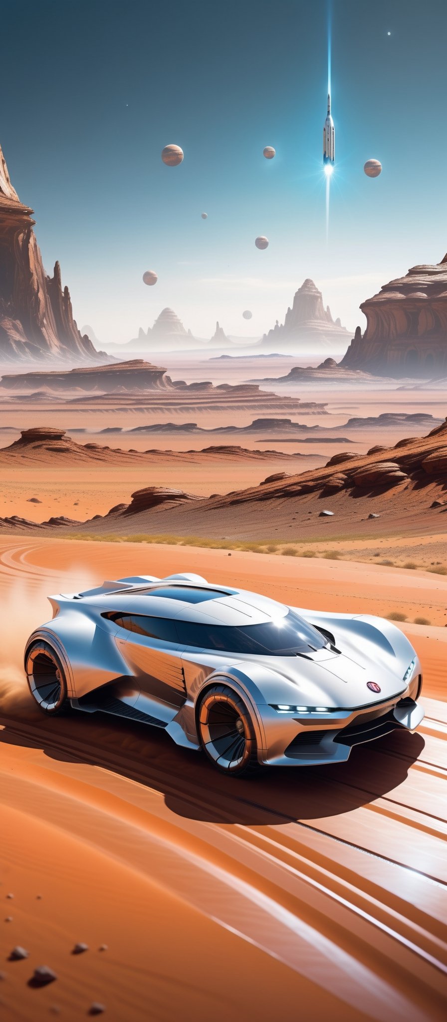 Imagine and create a captivating image of a futuristic space car gracefully traversing the Martian surface. Illuminate this scene with Hi-Tech elements, glowing features, and a super realistic aesthetic. Request a 32k ultra HDR resolution for a high-quality masterpiece that immerses viewers in the marvel of a space vehicle exploring the red planet.