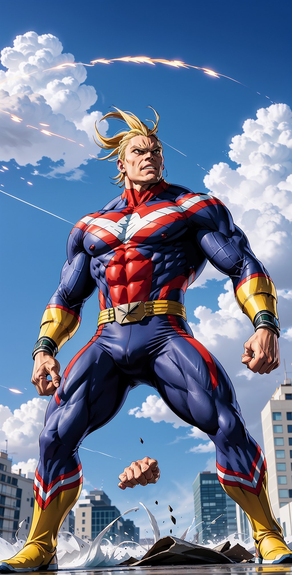 Description: Create an image of the iconic character from My Hero Academia, All Might, showcasing his immense power. The image should depict All Might in his hero form, with his muscles bulging and his iconic red, white, and blue costume. He should be using his signature move, "Plus Ultra Wind Wave," where he gathers energy and unleashes a powerful shockwave of wind and force. The impact of the wind wave should be visible, with debris being blown away and a dynamic pose that conveys his heroic determination. The background could show the cityscape, emphasizing the scale of his impact.