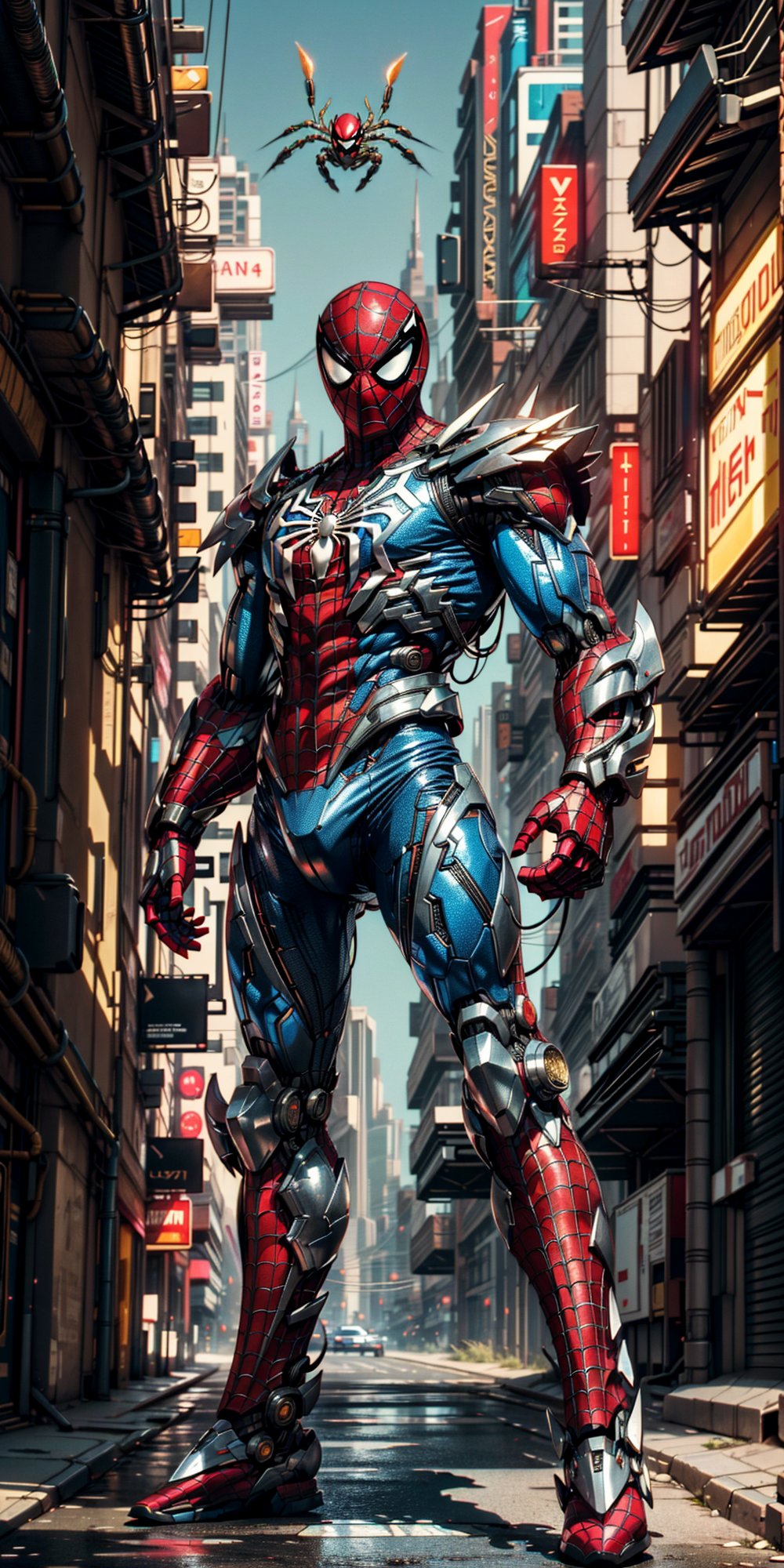 In the neon-lit streets of a cyberpunk metropolis, a Hi-Tech swordsman emerges as a beacon of futuristic prowess. Encased in a robotic suit of red and blue armor, he stands within a pulsating cocoon of yellow luminescence. The armor's intricate details reflect the advanced technology that defines this world.

At his side, a custom cyber-style sword gleams with an otherworldly radiance, its blade a fusion of artistry and advanced engineering. The streets behind him are awash in the vibrant glow of neon signs and holographic advertisements, painting a vivid backdrop to his enigmatic presence.

The image captures every gleam and glint in astonishing 4K Ultra HDR quality, enhancing the fine details of the cybernetic armor and the interplay of light and shadow in the urban setting. This scene encapsulates the essence of cyberpunk's high-tech aesthetics, delivering an image that seamlessly marries advanced technology with cutting-edge style.,mecha musume,robot, (blurry background), (high detailed image HDR quality), (32k HDR resolution quality), realistic mecha suit armour, (((spider-man style mecha armour))),perfecteyes