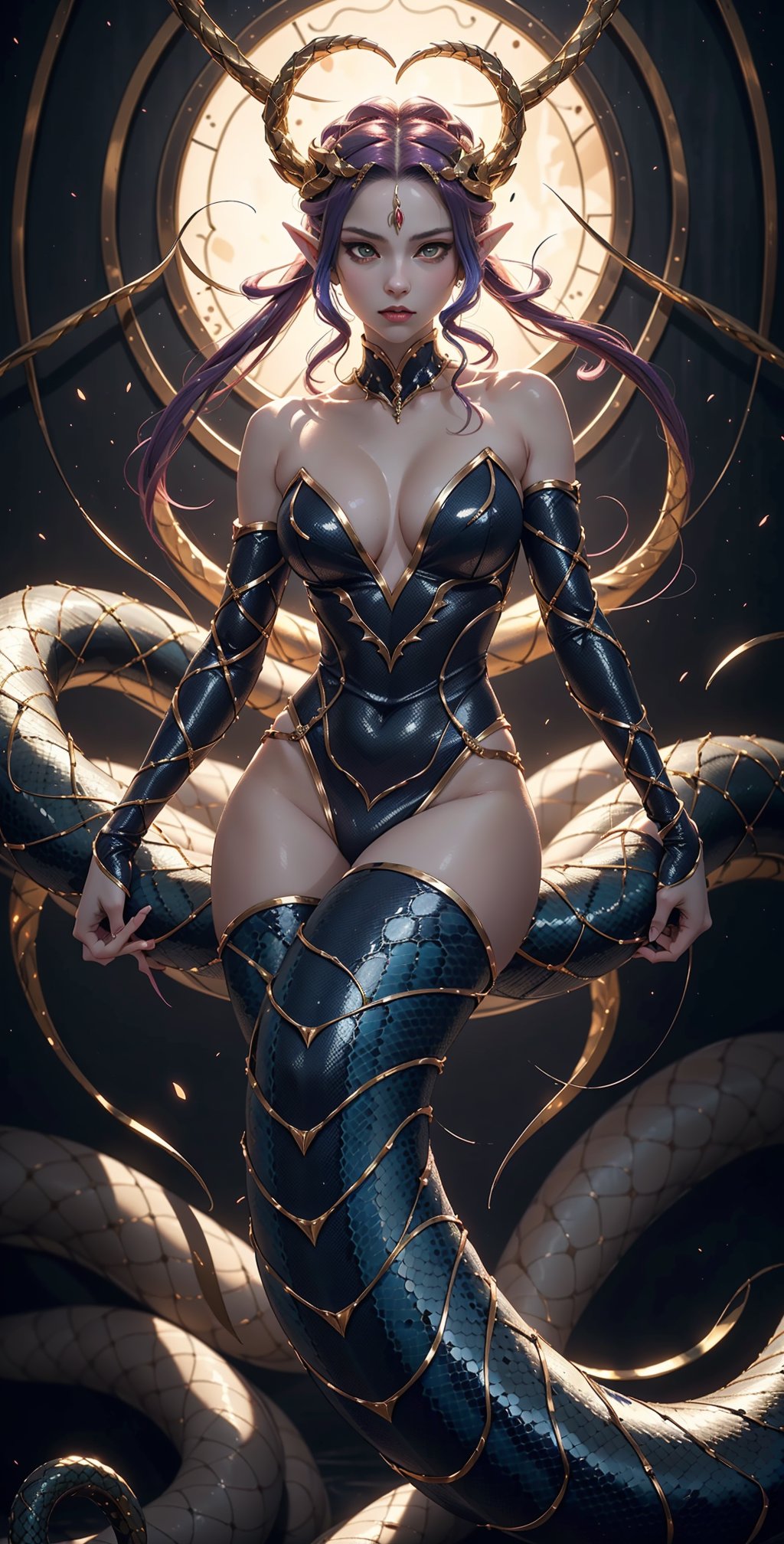 "Craft an anime-style depiction of a Medusa Lamia, blending the serpentine grace of a lamia with the alluring yet dangerous aura of Medusa, creating a mesmerizing and unique character." (Realistic), (masterpiece 1.2), (extreme Ultra Max HDR 4K quality), ((good perfect image)),