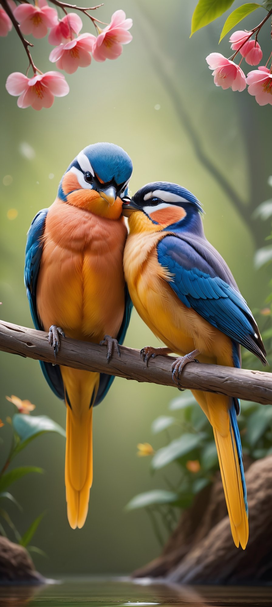 Capture the essence of love in the avian world with two beautiful and cute bird couples, their feathers intertwined as they perch together. This heartwarming scene invites artists to depict the tender connection and vibrant beauty of these feathered pairs in a delightful masterpiece.