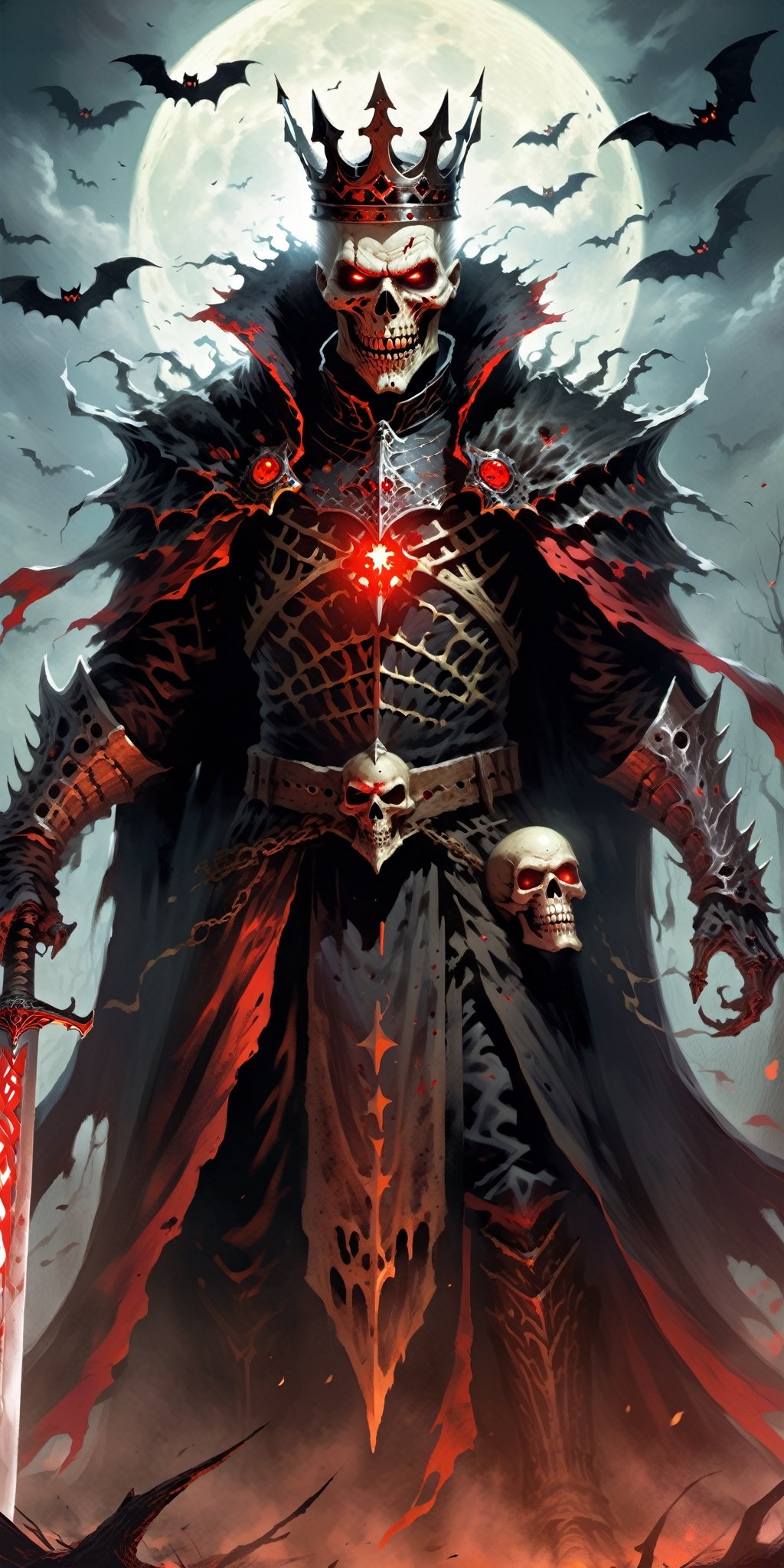 Craft a Halloween-style fantasy world image featuring a terrifying undead king with a skull face and glowing red eyes. Envision the king adorned in torn black and red dark clothes, wielding a deadly, sinister spiky weapon. Specify a dark fantasy-style atmosphere with chilling details, capturing the sinister essence of this undead monarch. Request a visually striking composition that blends the elements of horror and fantasy, creating a haunting masterpiece perfect for the Halloween theme