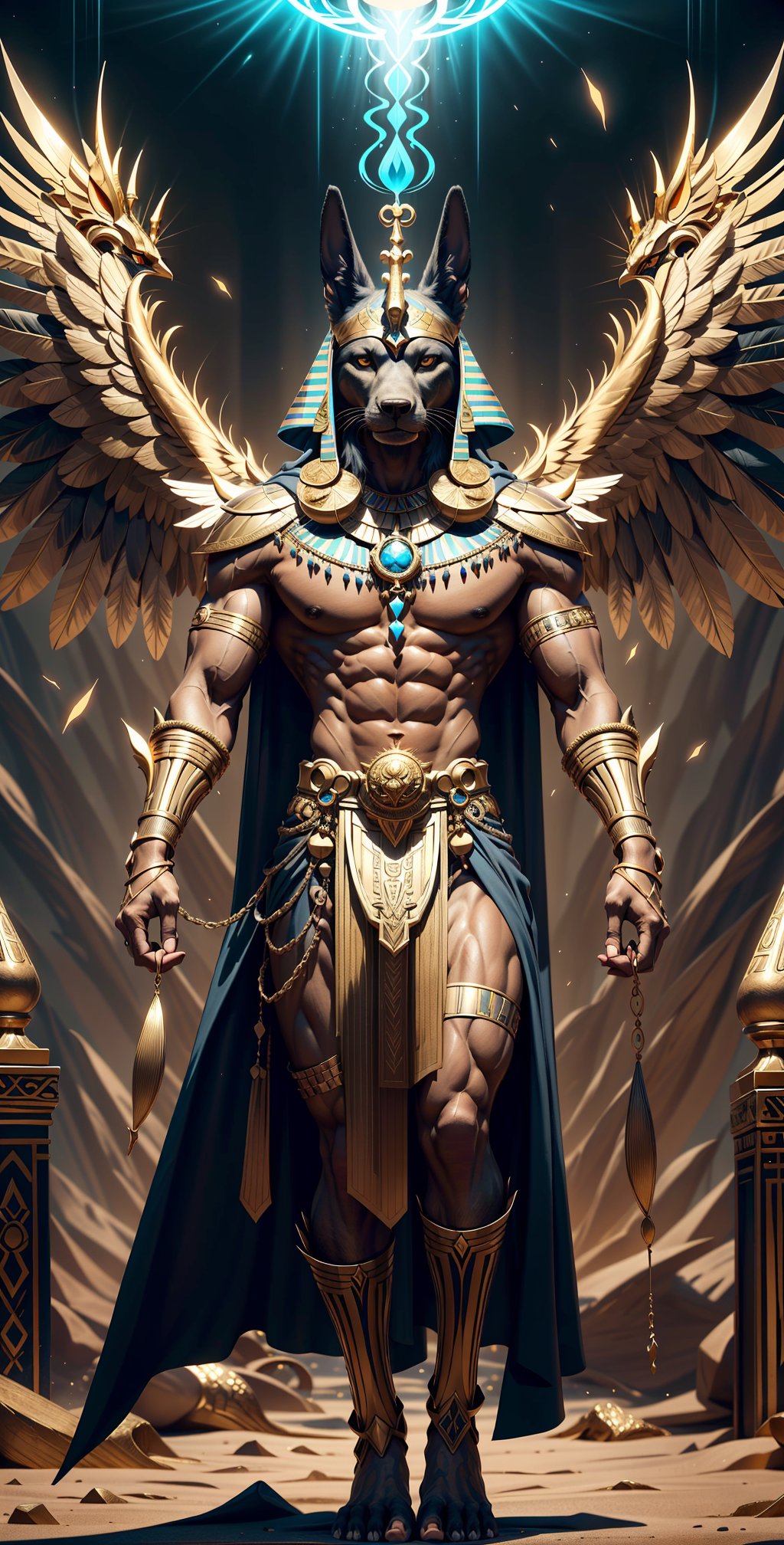 "Visualize the majestic Egyptian god Anubis with a muscular physique, his body radiating power. He stands tall with golden wings unfurled, exuding an aura of divine authority and protection.",Cyber_Egypt, Egyptian style, Egyptian background, 