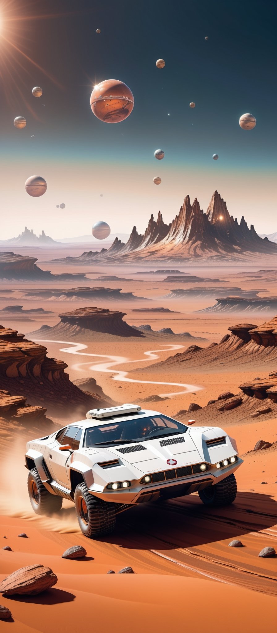 Imagine and create a captivating image of a futuristic space car gracefully traversing the Martian surface. Illuminate this scene with Hi-Tech elements, glowing features, and a super realistic aesthetic. Request a 32k ultra HDR resolution for a high-quality masterpiece that immerses viewers in the marvel of a space vehicle exploring the red planet.