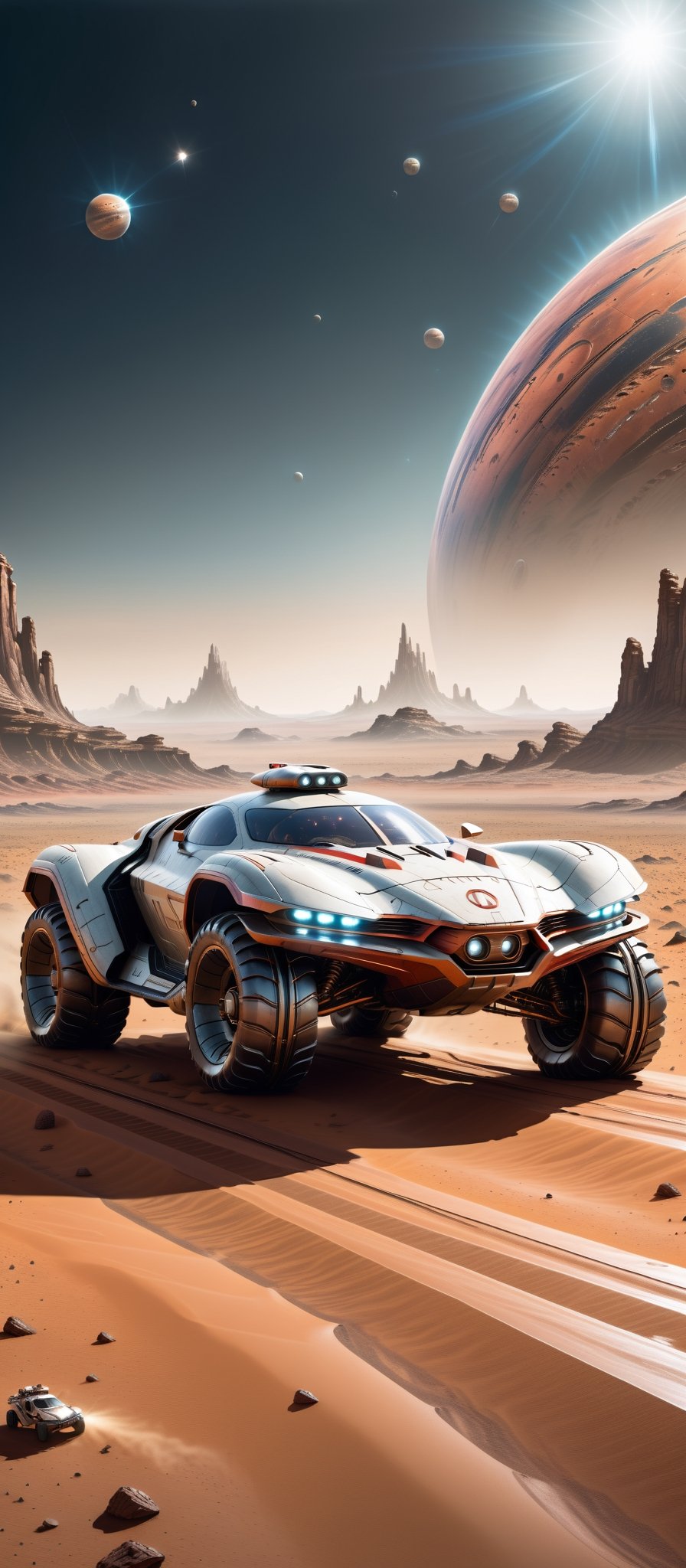 Imagine and create a captivating image of a futuristic space car gracefully traversing the Martian surface. Illuminate this scene with Hi-Tech elements, glowing features, and a super realistic aesthetic. Request a 32k ultra HDR resolution for a high-quality masterpiece that immerses viewers in the marvel of a space vehicle exploring the red planet.