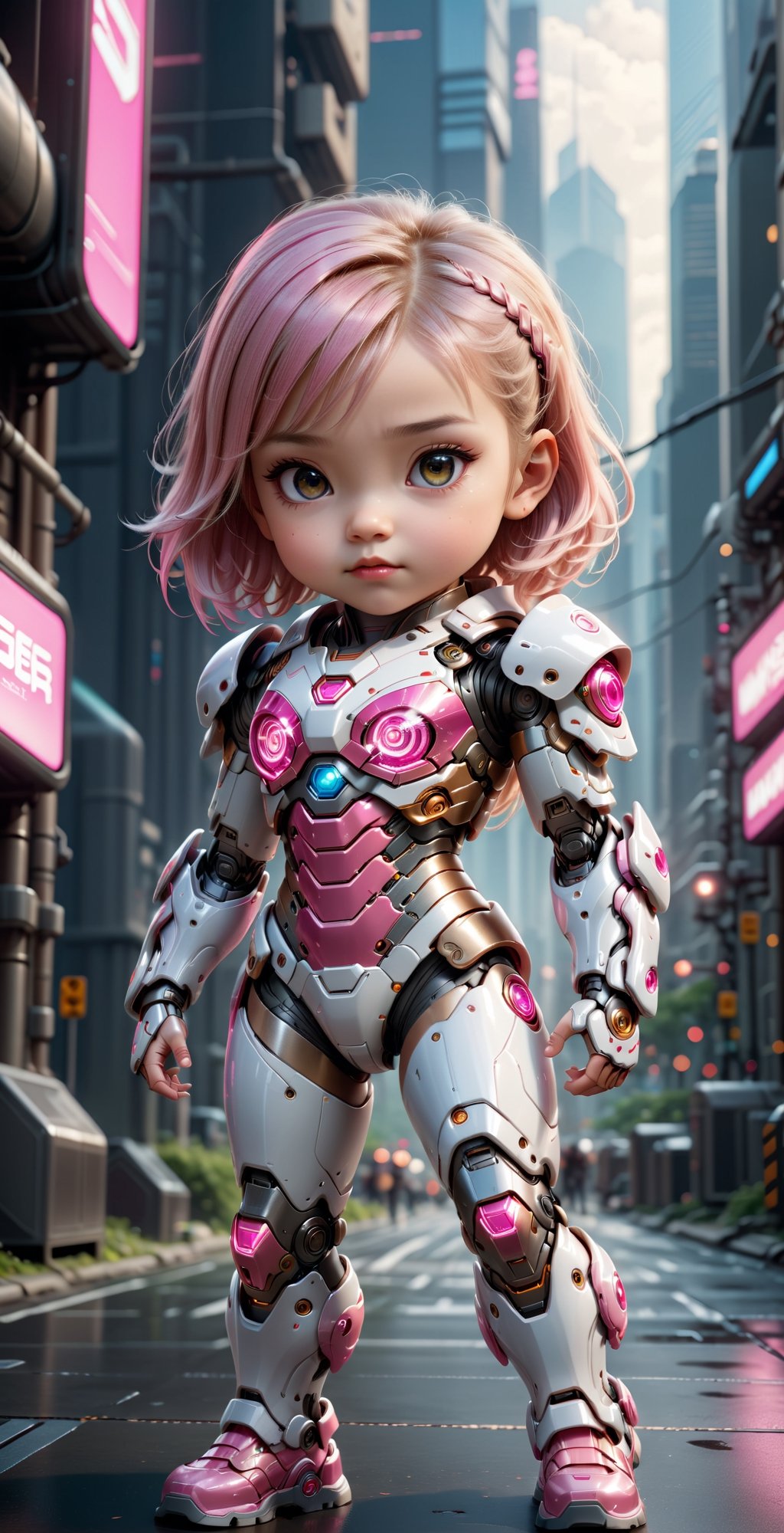  a super cool fantasy style Hi-Tech warrior in glowing pink-white biometrical glass cute little girl chibi-style armor . Envision a sleek, powerful, and cool image with full-body armor, detailed face, eyes, hands, and fingers. Request a photographic cinematic masterpiece in 8k ultra HDR, featuring standing cool and dynamic poses, set against a perfect Hi-Tech super city background, (photographic cinematic super super high detailed super realistic image, 32k ultra HDR high quality image, masterpiece), (Full body muscular cute little girl chibi style Hi-Tech biometrical design Hi-Tech armour), ((standing on dynamic position)), ((high detailed perfect hands and legs footwear)),Movie Still, lightening charge super Hi-Tech armour, ,mecha,cyborg style,detailmaster2,robot