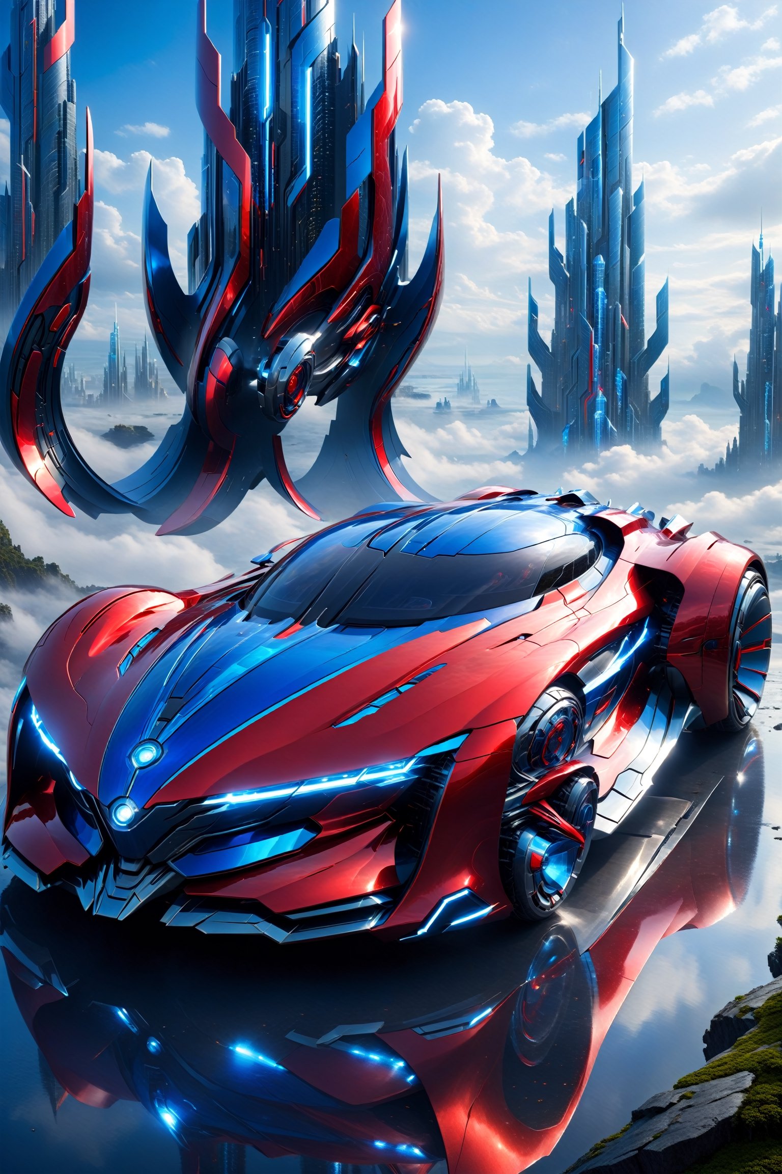  a super hi-tech red blue car in a fantasy world style:

"Create a breathtaking image of a super hi-tech car with an armored, futuristic appearance, resembling something out of a fantasy world. Capture the car from a high angle to showcase its impressive design. The car should have a shiny, metallic armor-like exterior, exuding a sense of power and sophistication. Place this extraordinary vehicle against a backdrop that complements its hi-tech nature, whether it's a futuristic cityscape, a mystic realm, or any other element that enhances the fantasy world style. The final image should be a captivating fusion of advanced technology and fantasy aesthetics."