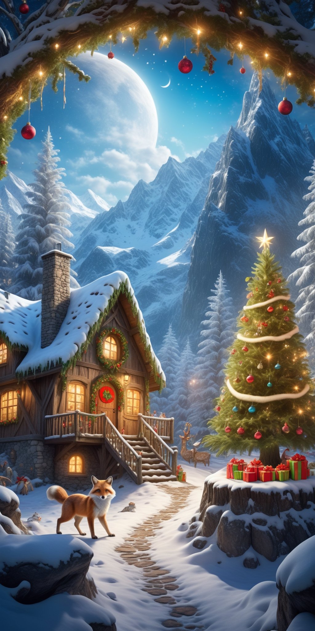 Craft an enchanting 16k Ultra HDR high-resolution image portraying an imaginary scene of a magical forest hosting a Christmas party. Picture beautiful creatures and animals celebrating amidst the enchanting surroundings. Infuse the image with a Christmas theme, creating a perfect and high-detailed fantasy-style masterpiece that captures the magical essence of the holiday season in this fantastical setting.