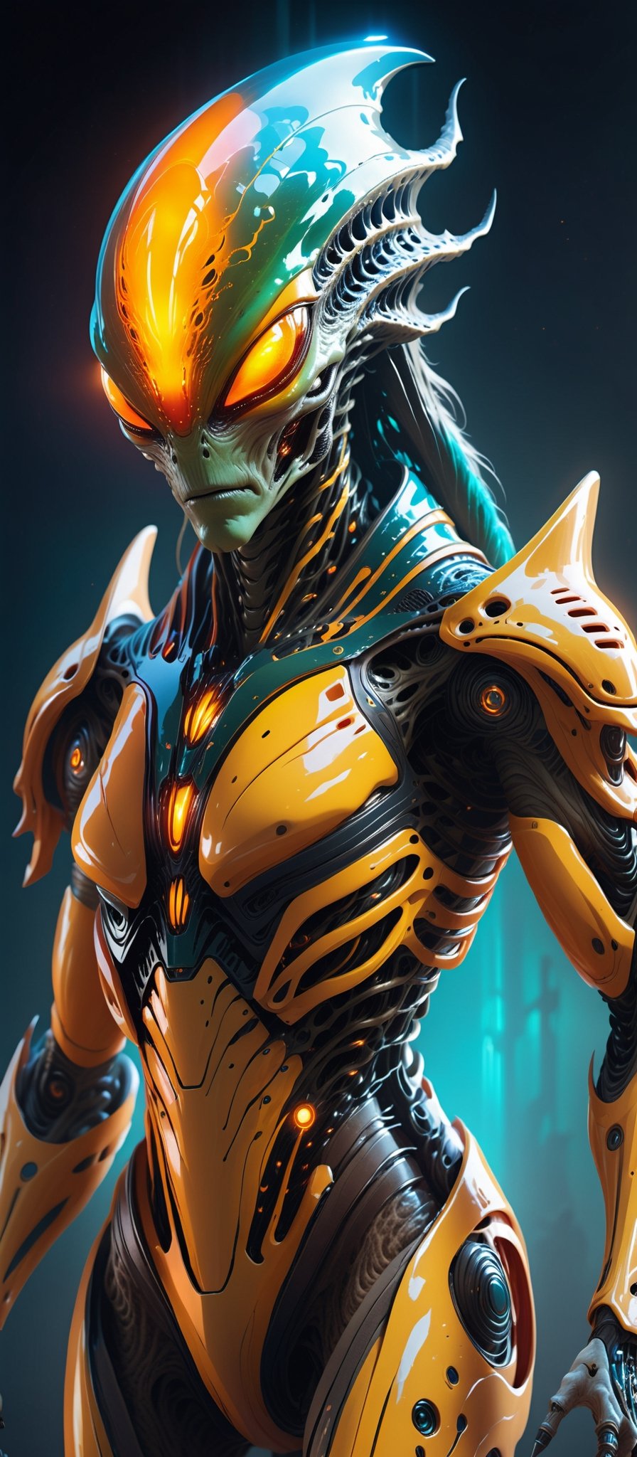 Create a spine-chilling image of an alien creature adorned in Hi-Tech biometric glowing armor, radiating a deadly and intimidating aura. Showcase the alien's otherworldly features and cutting-edge technology, resulting in a mesmerizing and frightening visual narrative. ((Full body)), 