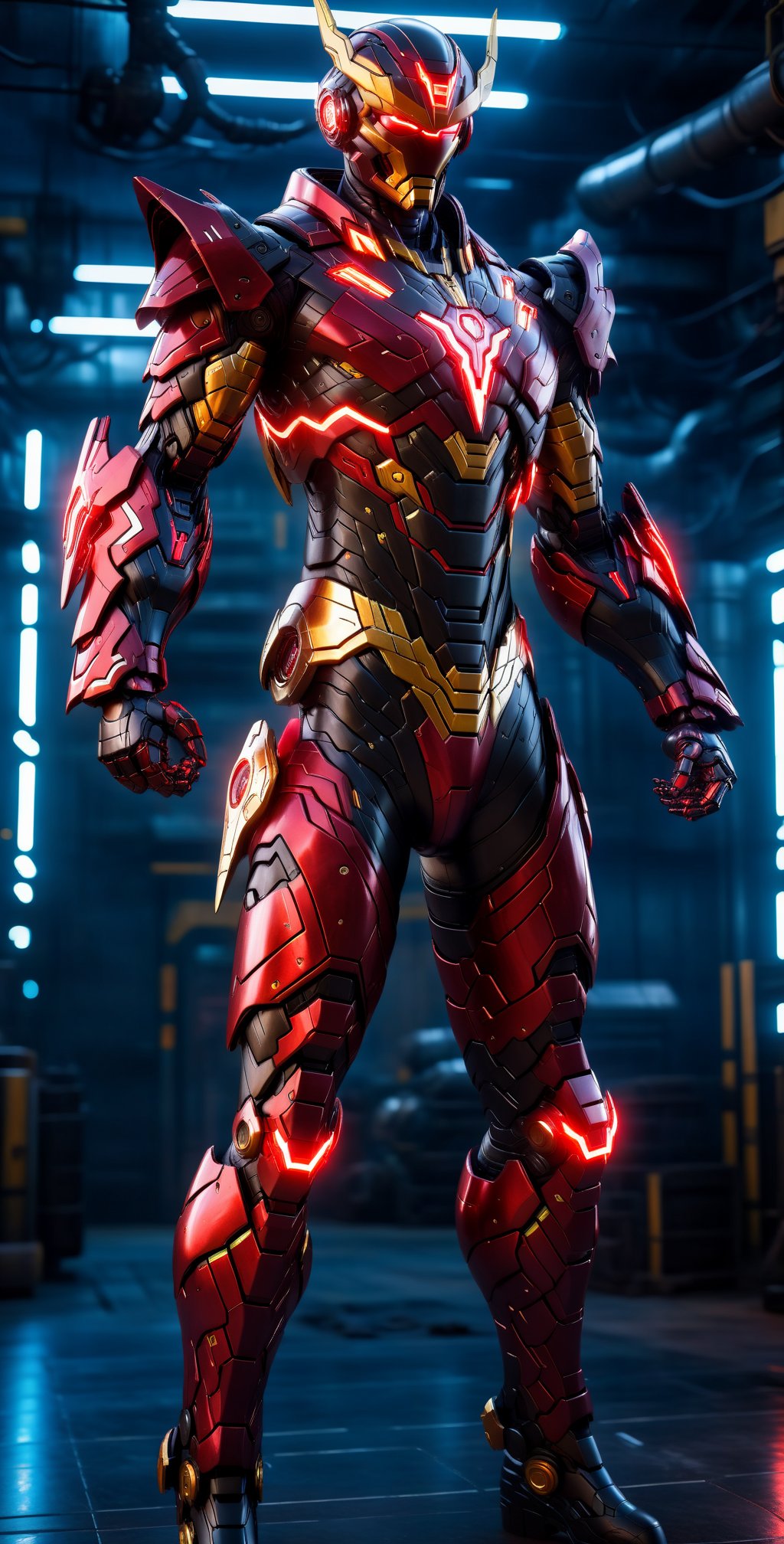 A Hi-Tech cyberpunk style red black Shaktimaan suit, Custom design, shining body, glowing look, full shining suit, body, hues.,steampunk style,cyberpunk style,mecha, perfect custom Hi-Tech suit, holding glowing lightning sword, weapon master, 