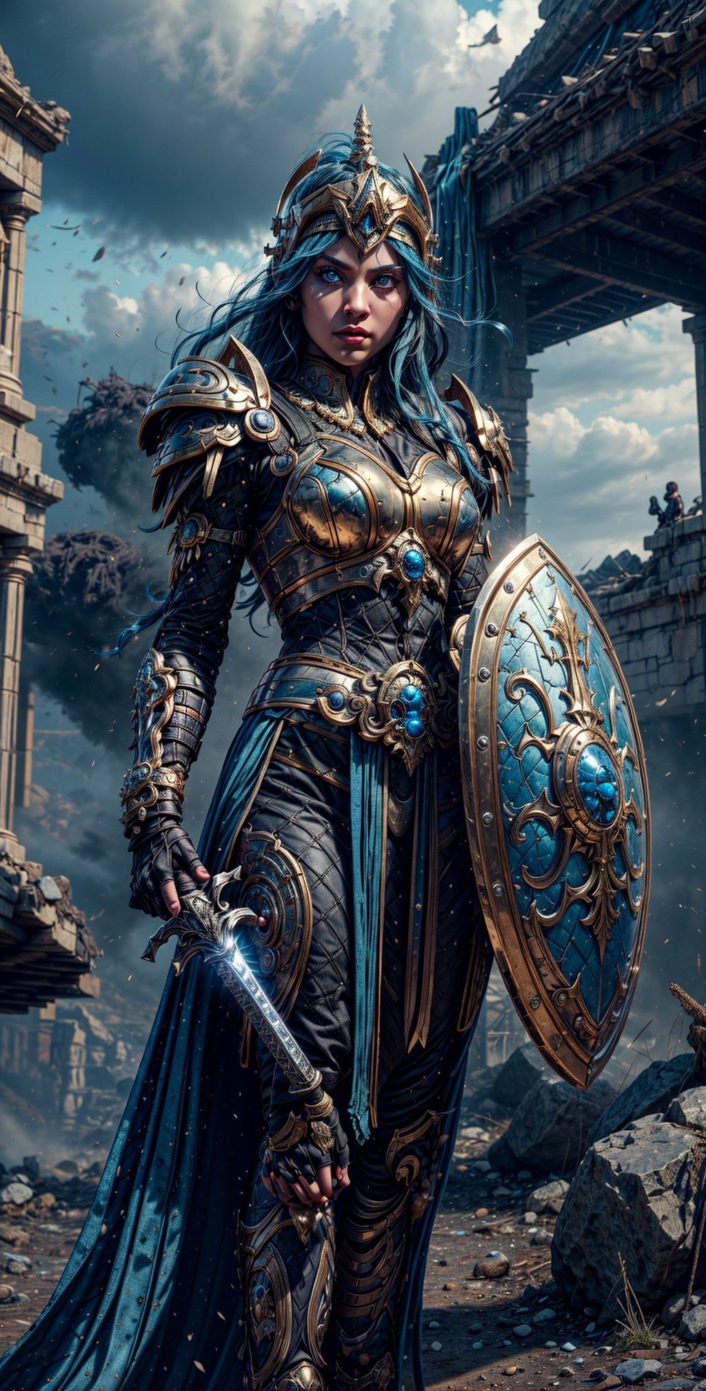  "Create a masterpiece with the best quality, stunning detail, and an extremely detailed 8K Unity wallpaper. It features Athena, the goddess of wisdom, holding a shield in her left hand, a sword in her right hand, adorned with a helmet and armor. She's in an attacking pose, standing on a dusty battlefield with a dark background. Please ensure her eyes are perfectly depicted as vivid blue in this epic scene." Photographic cinematic super super high detailed super realistic image, 4k ultra HDR super high quality image, masterpiece,