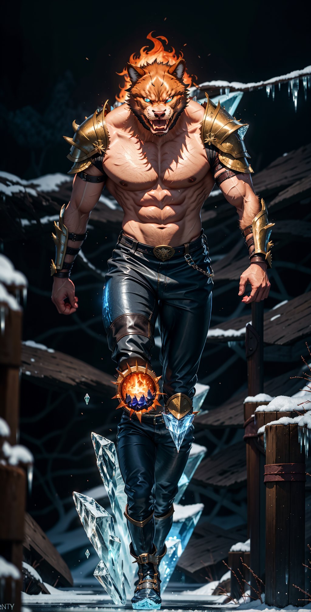 Fire Werewolf, glowing Blue eyes, giant body, leather armour, leather long pants, film magic claws, Iceland ice background, running on ice, iron clows Gauntlet, angry look ,perfecteyes