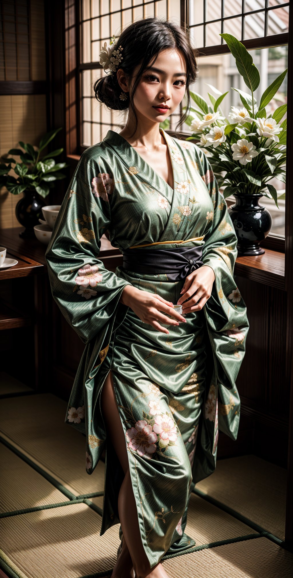 "Generate an image of a graceful Japanese woman elegantly dressed in a kimono adorned with delicate flower prints. She should exude elegance while serving tea, her captivating black eyes reflecting her warm demeanor, and her long, lustrous hair adding to her charm."