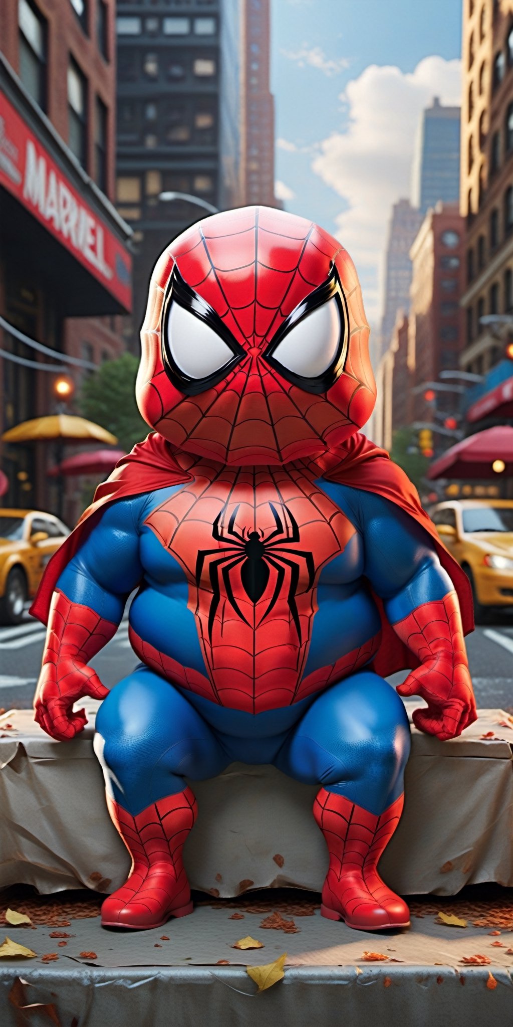 Craft an elaborate and hilarious image of Spider-Man, unexpectedly transformed into an extremely chubby and comical superhero. Enrich the scene with a funny background, perhaps showcasing befuddled onlookers or other Marvel characters reacting with surprise. Ensure Spider-Man retains the iconic costume, and let the entire composition radiate with humor in this uniquely amusing superhero moment.