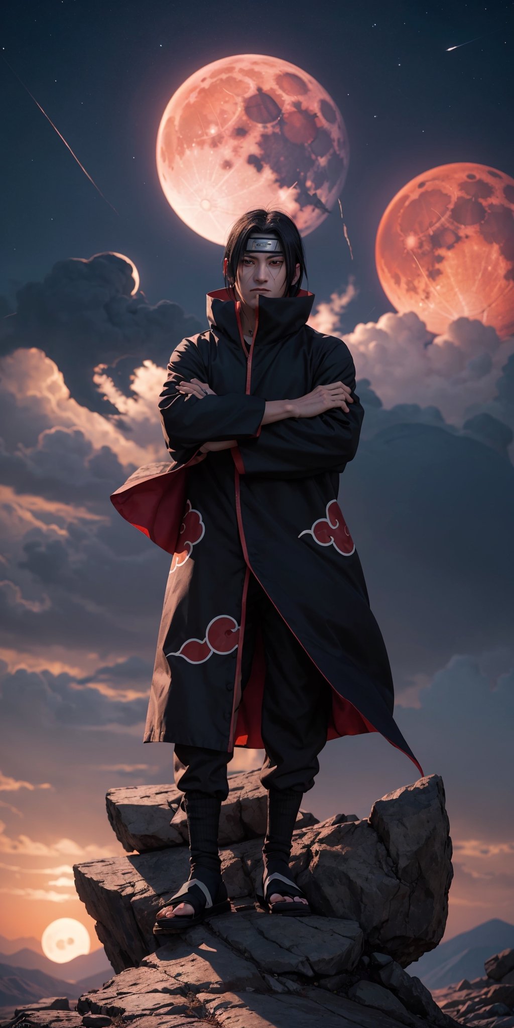 Picture a captivating scene with Itachi Uchiha from Naruto, seated stylishly on a rock against a night backdrop with a red moon. Request a 32k Ultra HDR high-quality image masterpiece, capturing the cool and iconic essence of Itachi Uchiha. Emphasize meticulous details in his posture and surroundings for a visually stunning composition. Aim for a high-quality image that reflects the cool and enigmatic character of Itachi Uchiha in this striking setting.