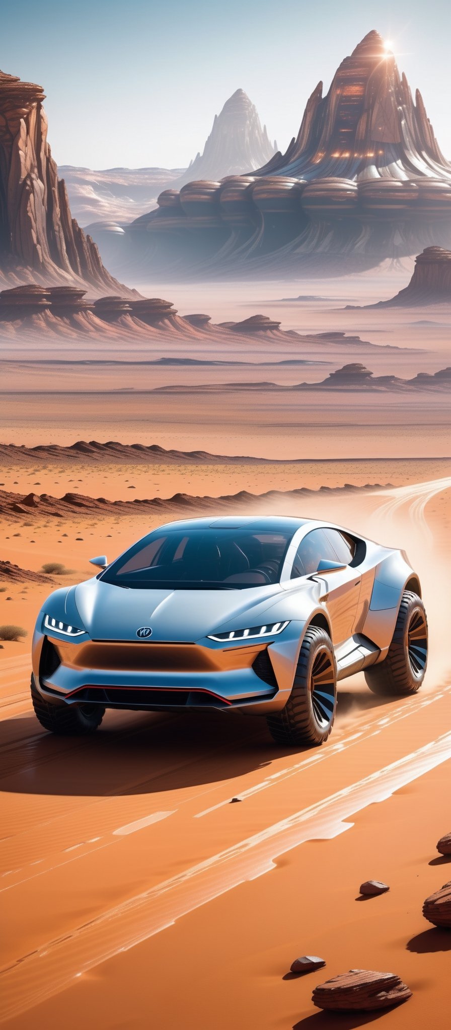 Imagine and create a captivating image of a futuristic space car gracefully traversing the Martian surface. Illuminate this scene with Hi-Tech elements, glowing features, and a super realistic aesthetic. Request a 32k ultra HDR resolution for a high-quality masterpiece that immerses viewers in the marvel of a space vehicle exploring the red planet.