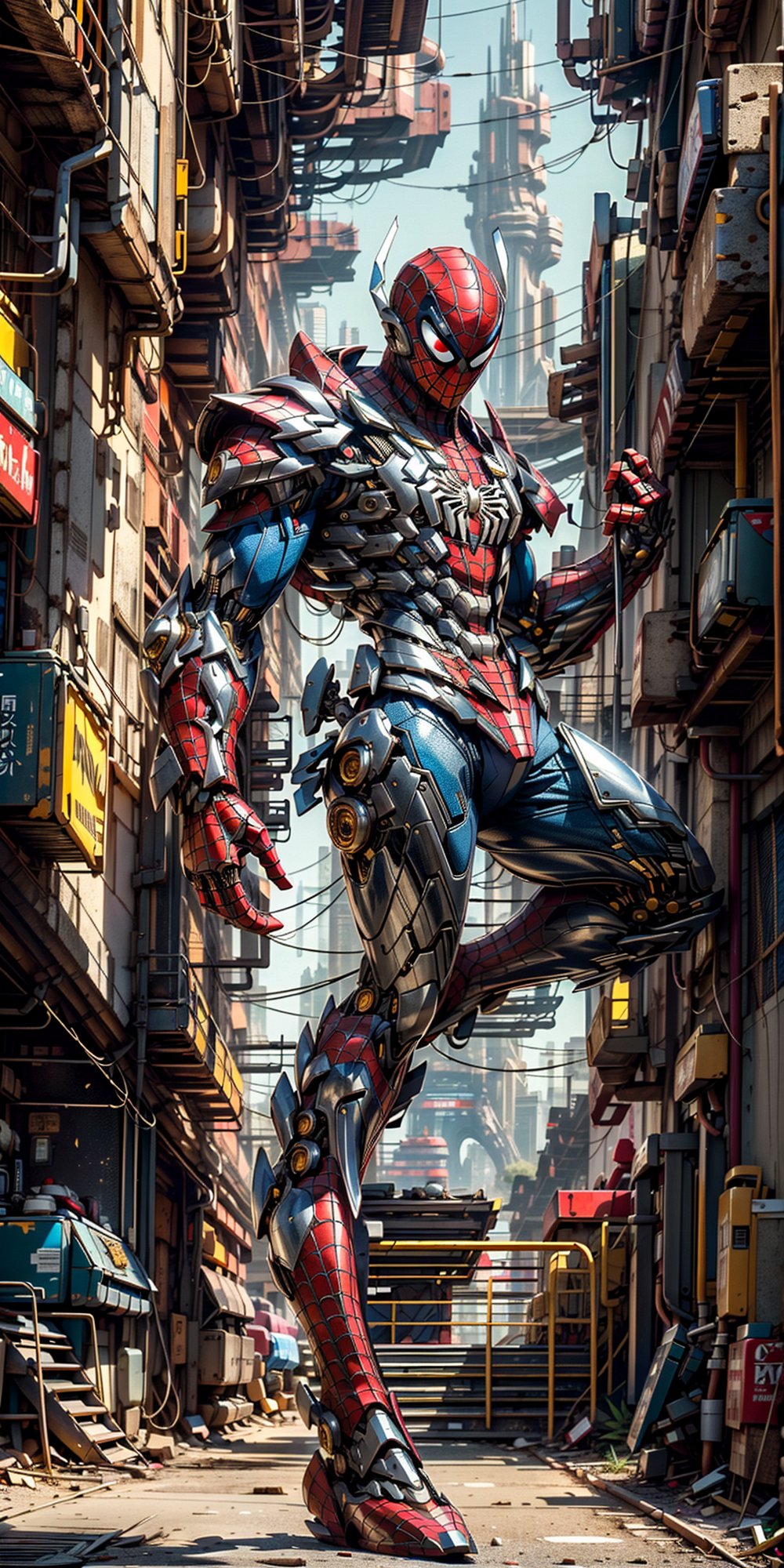 In the neon-lit streets of a cyberpunk metropolis, a Hi-Tech swordsman emerges as a beacon of futuristic prowess. Encased in a robotic suit of red and blue armor, he stands within a pulsating cocoon of yellow luminescence. The armor's intricate details reflect the advanced technology that defines this world.

At his side, a custom cyber-style sword gleams with an otherworldly radiance, its blade a fusion of artistry and advanced engineering. The streets behind him are awash in the vibrant glow of neon signs and holographic advertisements, painting a vivid backdrop to his enigmatic presence.

The image captures every gleam and glint in astonishing 4K Ultra HDR quality, enhancing the fine details of the cybernetic armor and the interplay of light and shadow in the urban setting. This scene encapsulates the essence of cyberpunk's high-tech aesthetics, delivering an image that seamlessly marries advanced technology with cutting-edge style.,mecha musume,robot, (blurry background), (high detailed image HDR quality), (32k HDR resolution quality), realistic mecha suit armour, (((spider-man style mecha armour)))