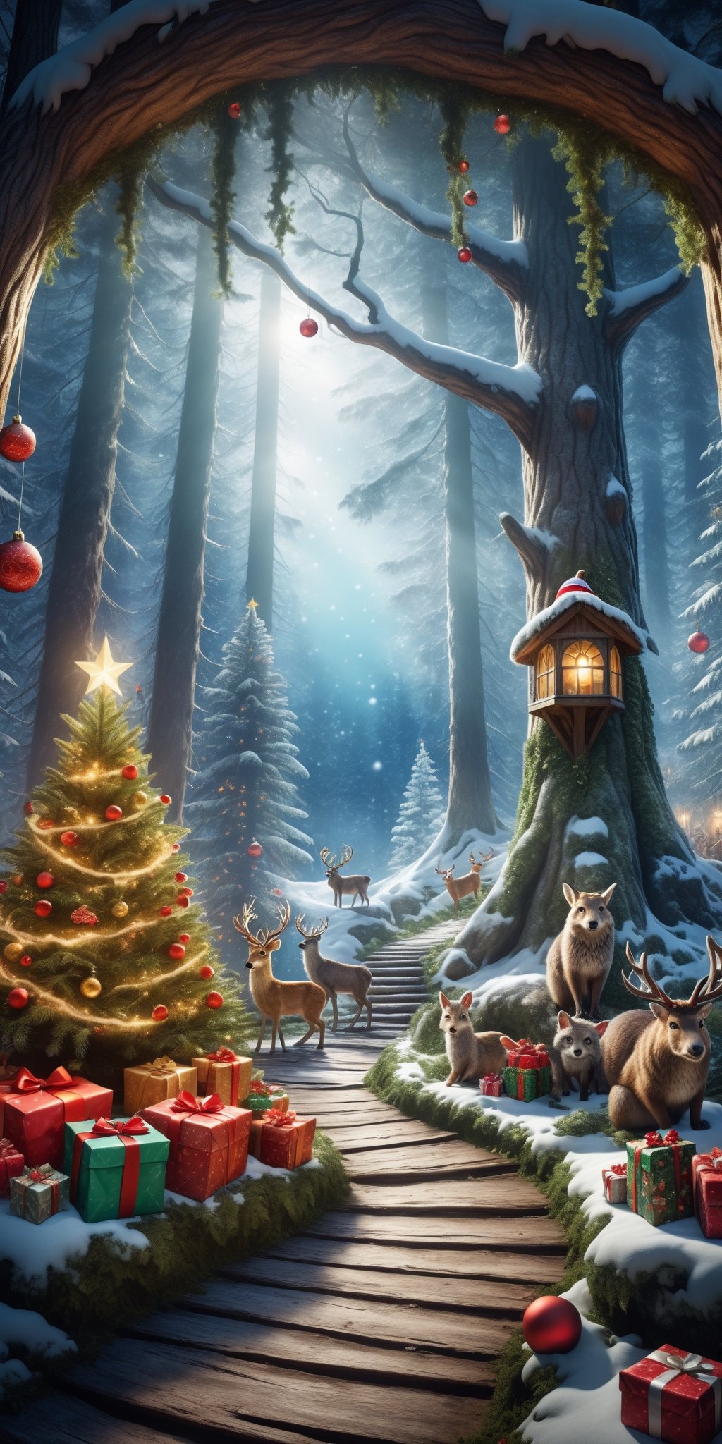 Craft an enchanting 16k Ultra HDR high-resolution image portraying an imaginary scene of a magical forest hosting a Christmas party. Picture beautiful creatures and animals celebrating amidst the enchanting surroundings. Infuse the image with a Christmas theme, creating a perfect and high-detailed fantasy-style masterpiece that captures the magical essence of the holiday season in this fantastical setting.