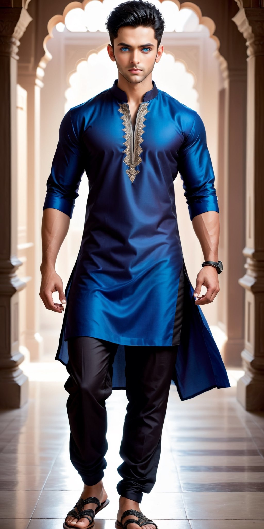 Bring to life the charm of a handsome, strong, and muscular boy with blue eyes and spiky black hair. Envision him showcasing a powerful personality while donned in stylish Indian attire—kurta pajama and matching male sandals. Capture his presence in a dynamic and stylish pose, aiming for a photographic cinematic photorealism. Encourage artists to focus on every intricate detail, ensuring a super high detailed and super realistic 32k Ultra HDR high-quality image masterpiece that magnificently portrays the allure of this charismatic young man.