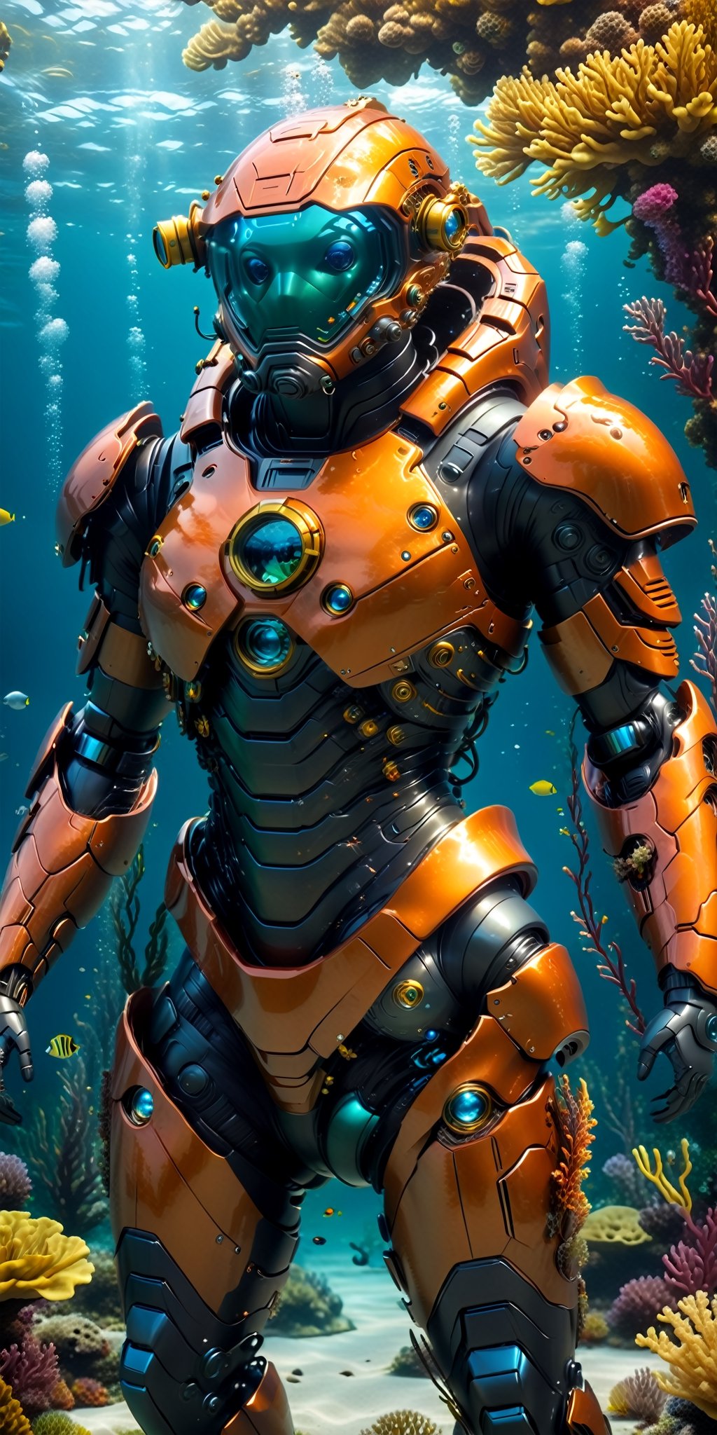 Generate an awe-inspiring image of a high-tech underwater armor suit surrounded by a stunning underwater scenery. The suit should look futuristic and cutting-edge, perfectly designed for underwater exploration. Surround the scene with magical underwater plants that emit a captivating and otherworldly glow, creating a visually striking and enchanting composition."
