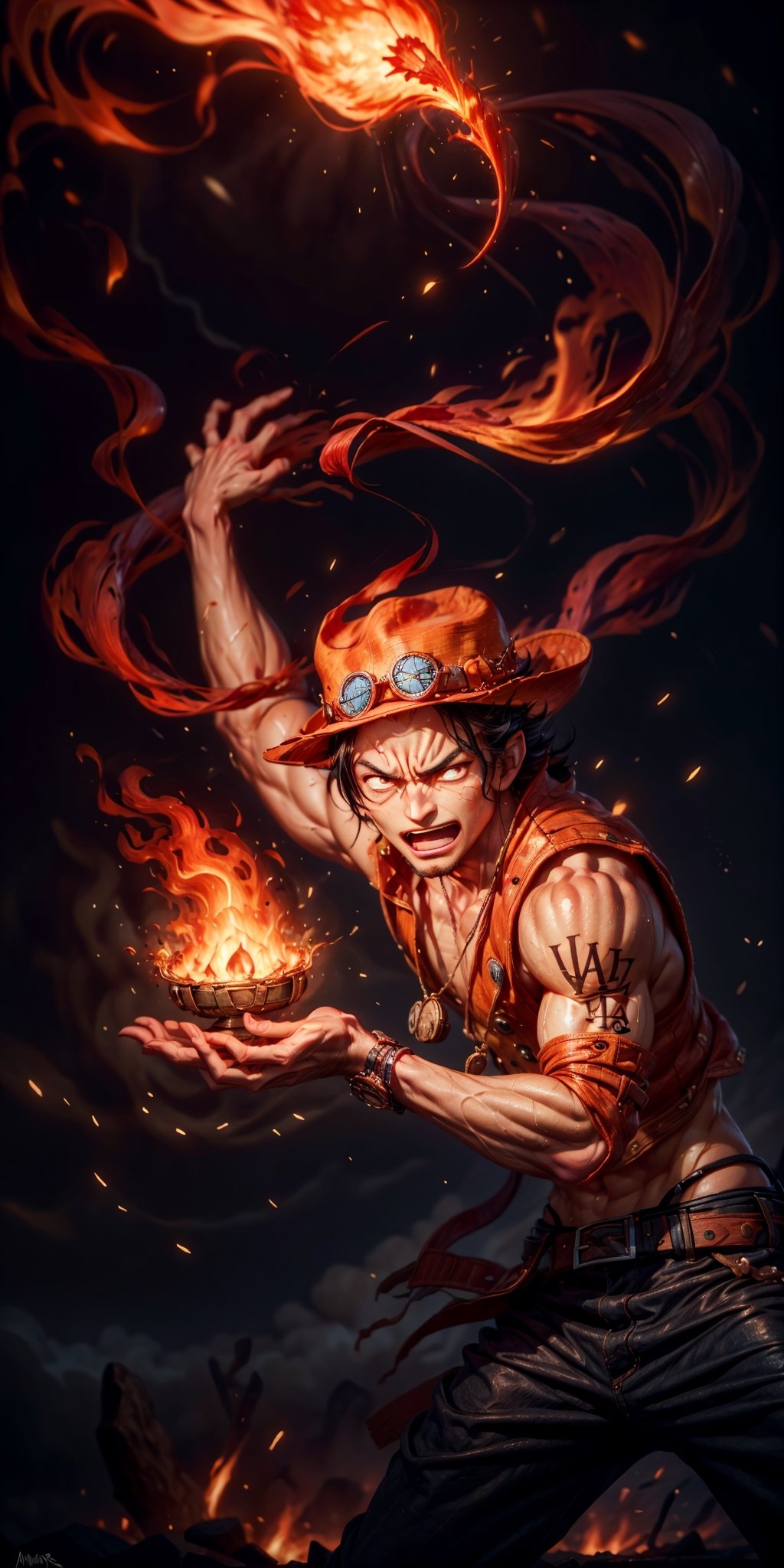 Create the iconic One Piece character, Portgas D. Ace:

"Visualize the legendary Portgas D. Ace, a prominent character from the One Piece anime. He possesses a lithe and muscular physique, reflecting his formidable strength.

Ace is clad in his signature attire, wearing a stylish hat that adds to his iconic appearance. His defining ability is his mastery over fire, and his hands should be ablaze with flickering flames, showcasing his power to manipulate fire at will.

Set him against a background of raging fire, with flames dancing in the backdrop, creating an inferno-like atmosphere. The flames should emphasize his fiery abilities and his unwavering resolve.

Capture this image to pay homage to Portgas D. Ace's character, showcasing his powerful presence and his association with the element of fire, a central theme in his story arc within the One Piece series." ((Perfect face)), ((perfect hands)), ((perfect body)), [perfect image of Portgas D. Ace(one piece anime character)],perfecteyes,Elemental