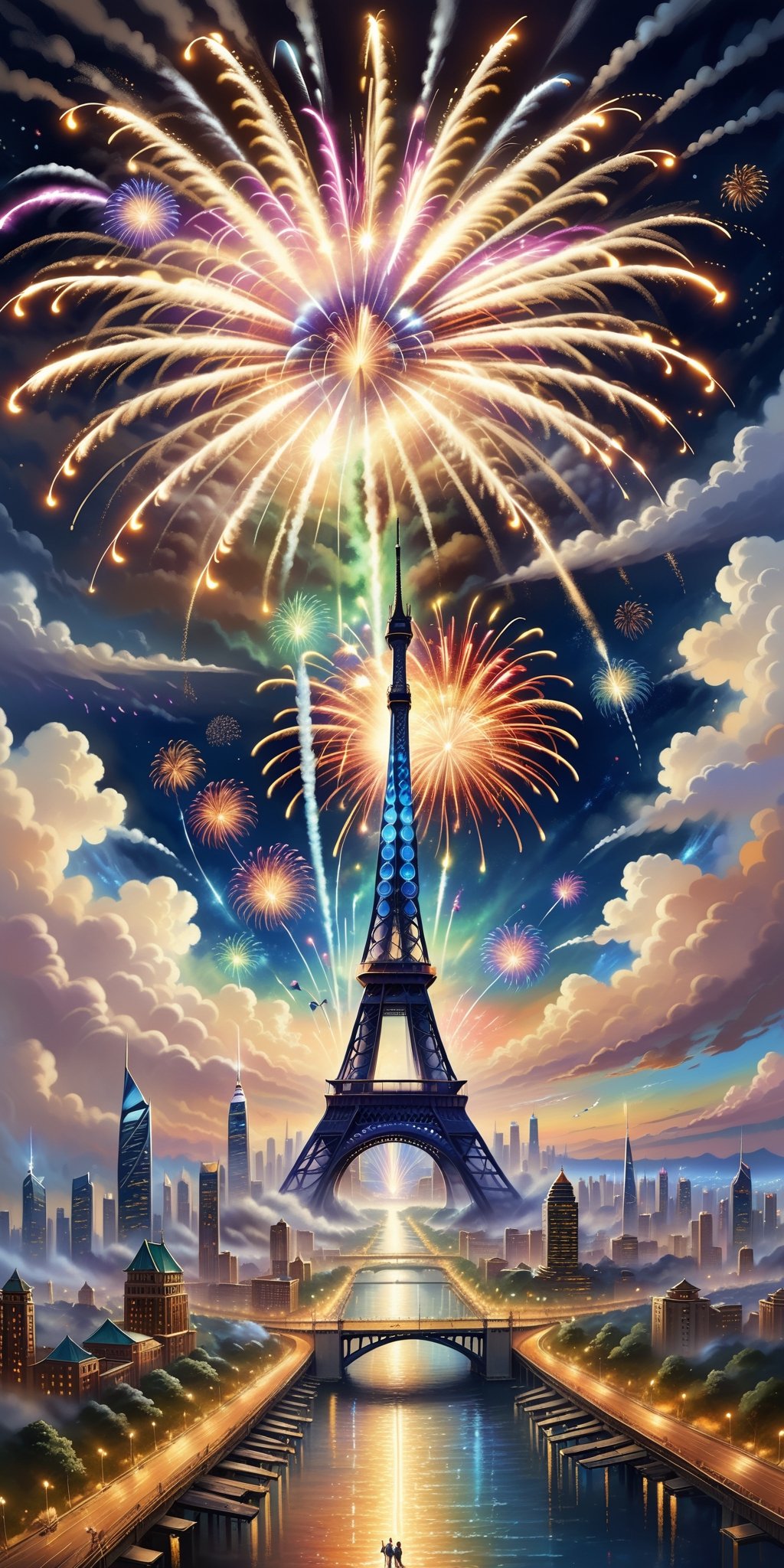 Bring to life an enchanting scene heralding the arrival of New Year 2024. Picture a panoramic view featuring a dazzling display of fireworks painting the night sky in vivid hues, lively celebrations with people rejoicing, and a backdrop that captures the essence of hope and new beginnings. Craft a visually stunning image that encapsulates the spirit of joy, anticipation, and the promise of a remarkable journey into the year 2024.,DonMDj1nnM4g1cXL 