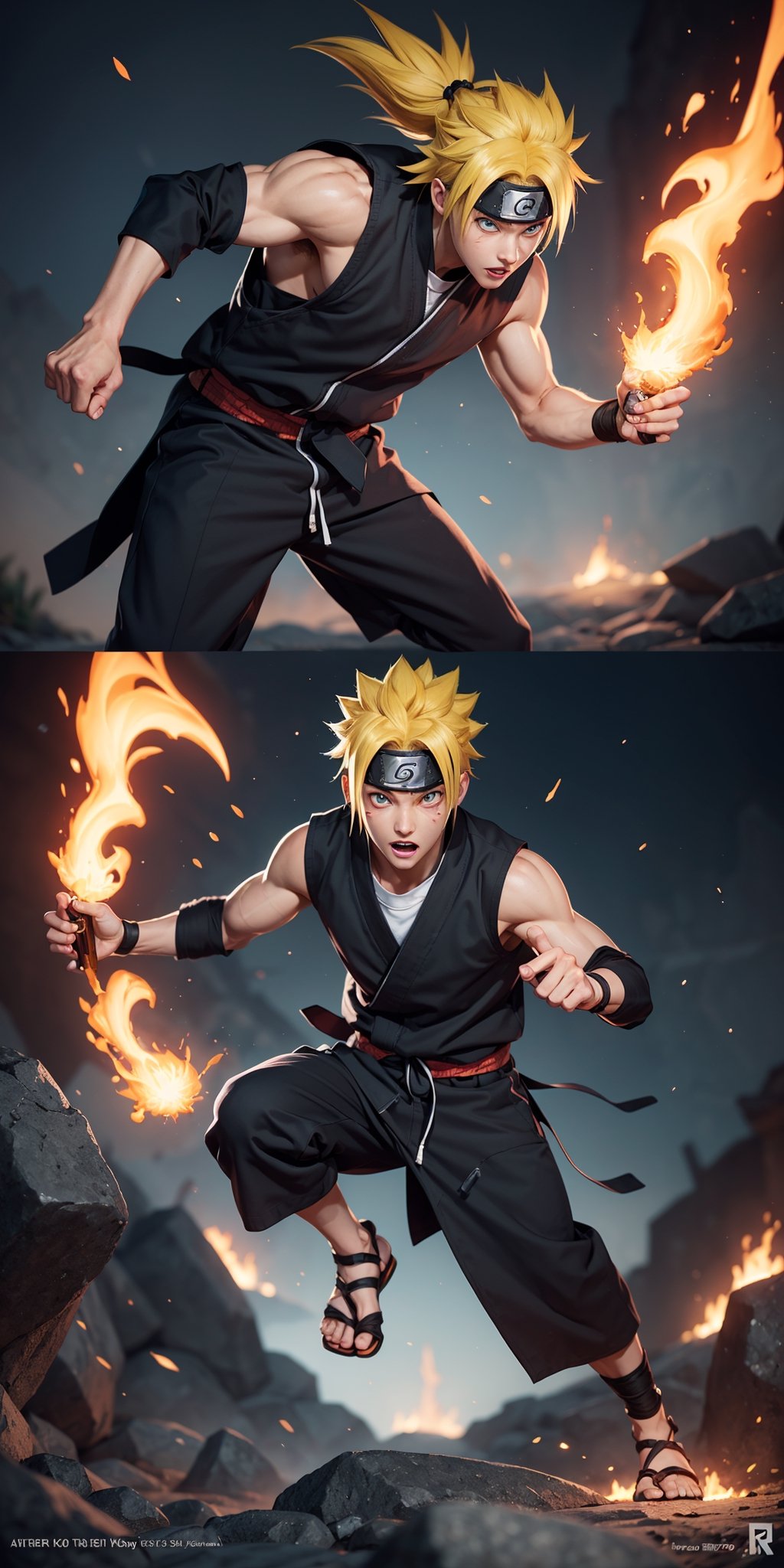 Imagine a breathtaking image featuring Naruto Uzumaki in his iconic outfit with yellow hair, red eyes, and a ninja headband. Visualize him using fireball magic against a meticulously detailed background. Request a 32k HD high-quality image that captures every intricate detail, ensuring perfection in his face, eyes, hands, fingers, legs, footwear, and outfit. Aim for a visual masterpiece that showcases the essence of Naruto in an extraordinary and highly detailed composition.,n4rut0,Estelle_Bright_Kiseki,perfect,Naruto uzumaki ,facial mark, high detailed perfect hands and fingers, 