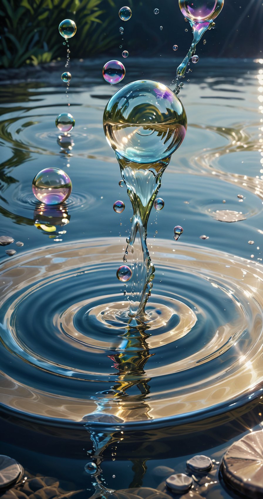 "(Masterpiece) (high quality image) (realistic photorealism, high detail image): Create a stunning image of beautiful water bubbles dropping into water, forming elegant ripples. The scene should showcase shiny, clear water bubbles with intricate details, capturing the beauty of their reflections and the gentle ripples they create. The image should be exceptionally realistic and visually striking, highlighting the delicate nature of the water bubbles and their mesmerizing effect on the water surface."