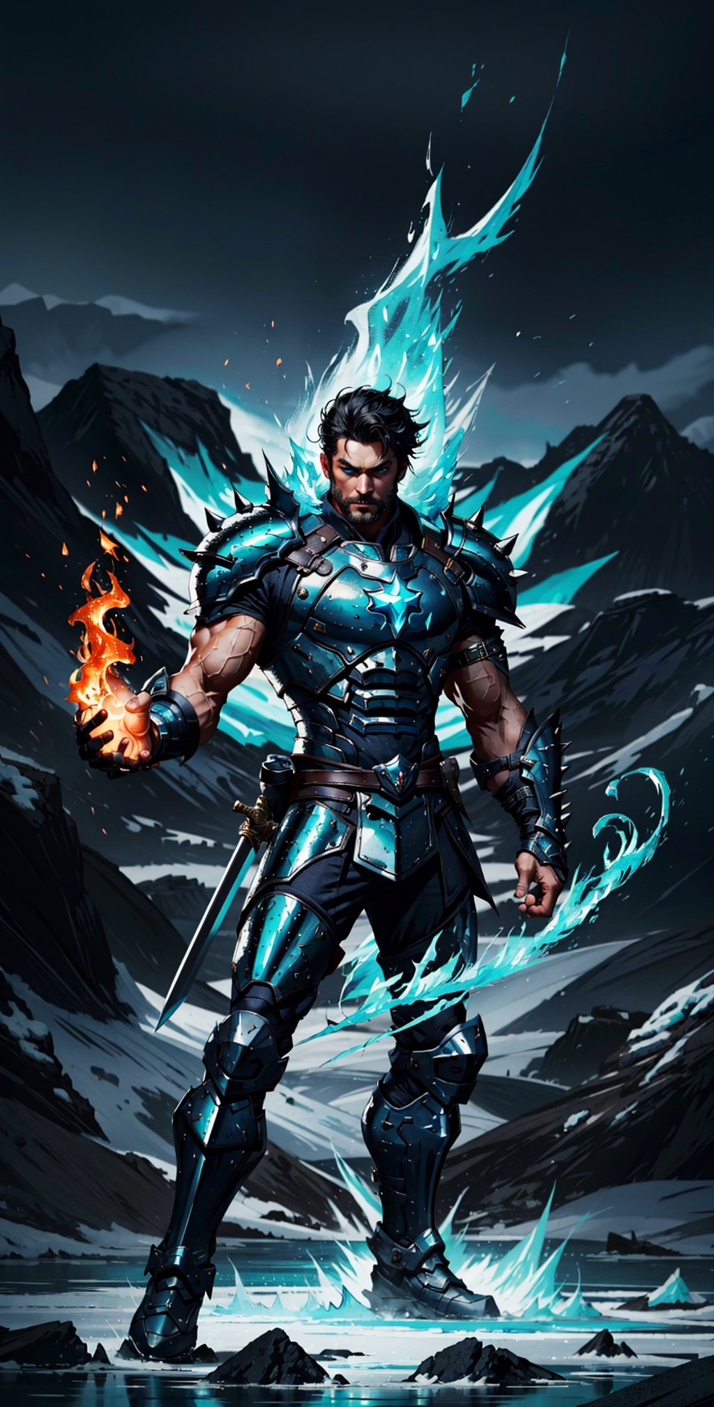 Create an image of a warrior donning leather armor that accentuates his lithe yet muscular form. His stance exudes readiness as he grips a shield and sword, prepared for battle. His spiky black hair adds a touch of wildness to his look, while his aqua blue eyes gleam with intensity. The air around him crackles with both fire and ice magic, his outstretched hand emanating flames and frost. His sword, an embodiment of magical prowess, gleams with enchantment. Capture the fusion of fire and ice elements in the surrounding environment to amplify the visual impact."