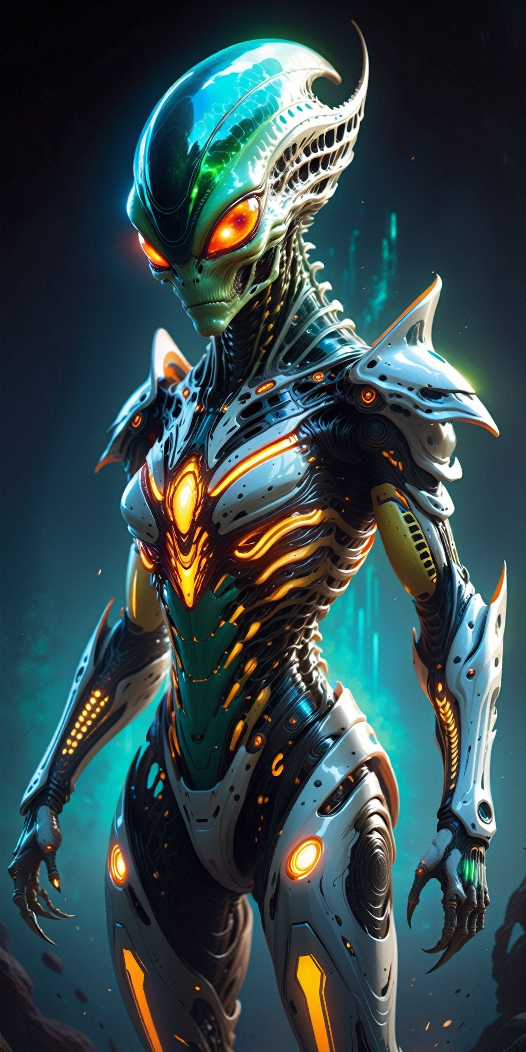 Create a spine-chilling image of an alien creature adorned in Hi-Tech biometric glowing armor, radiating a deadly and intimidating aura. Showcase the alien's otherworldly features and cutting-edge technology, resulting in a mesmerizing and frightening visual narrative. ((Full body)), 