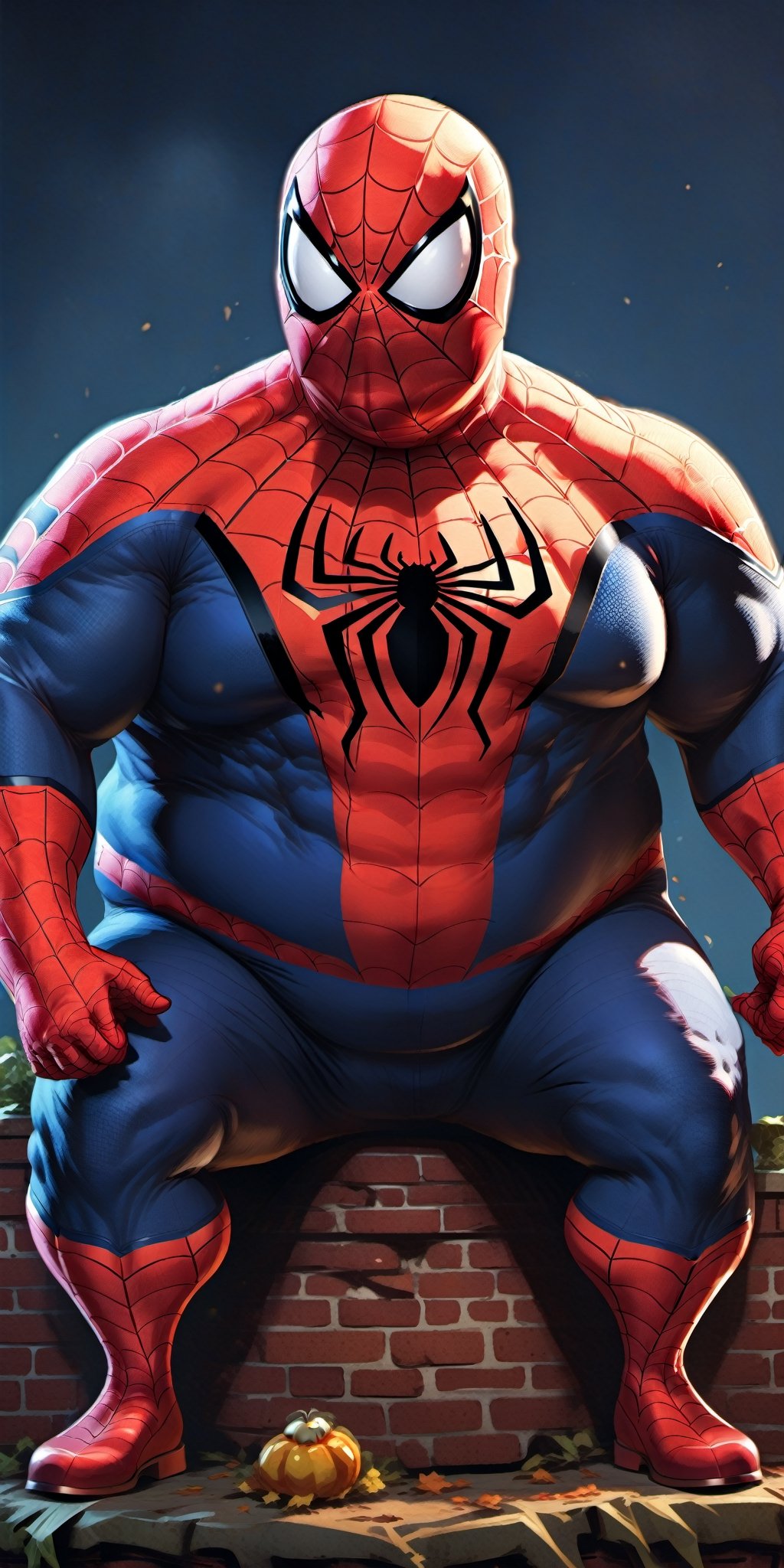 Generate a highly detailed and amusing image of Spider-Man, but with an exaggerated twist – depict Spider-Man as an extremely chubby and funny superhero. Ensure the character retains the iconic Spider-Man costume, but emphasize the humorous aspect of an unexpectedly plump superhero.