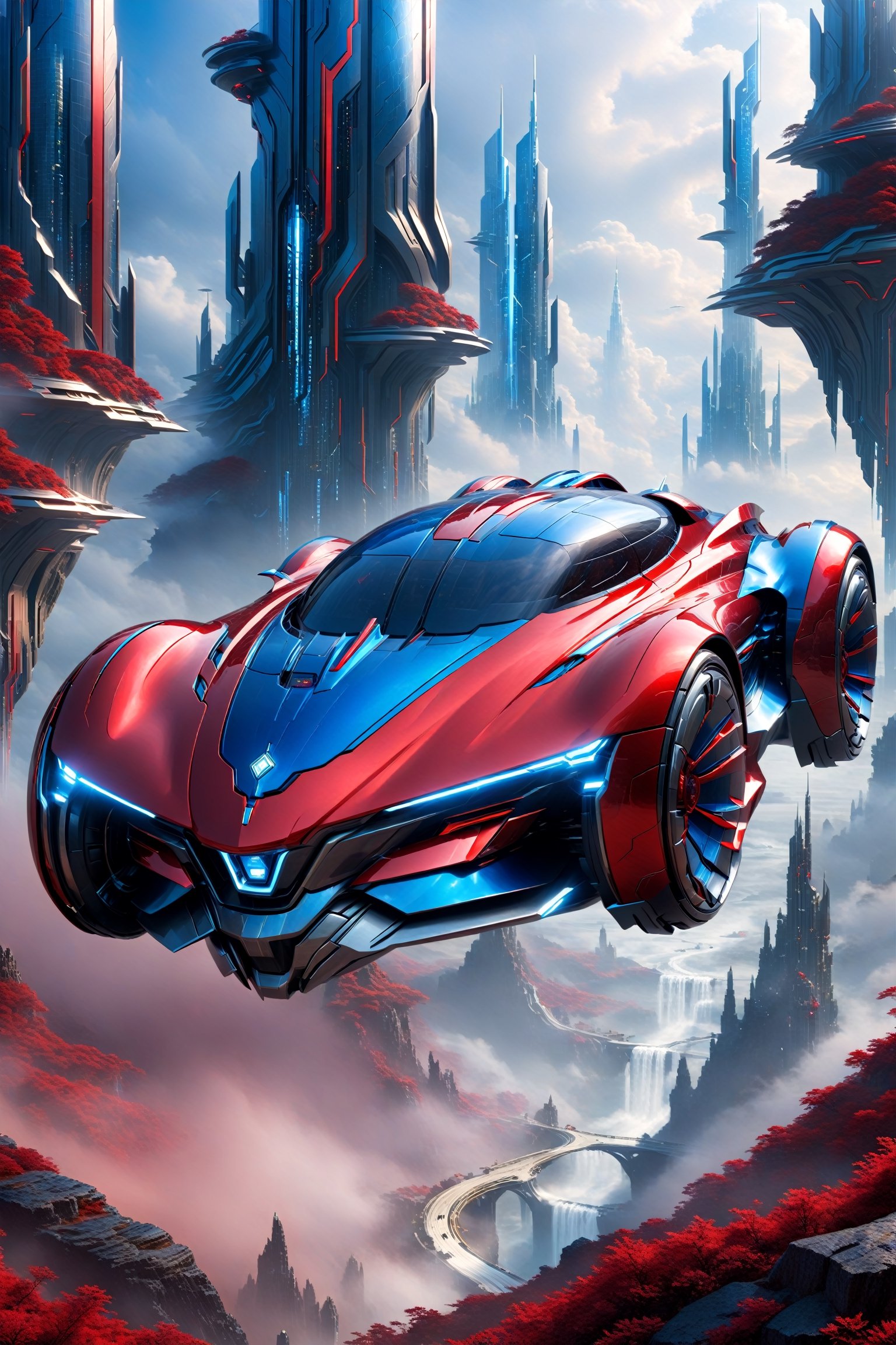  a super hi-tech red blue car in a fantasy world style:

"Create a breathtaking image of a super hi-tech car with an armored, futuristic appearance, resembling something out of a fantasy world. Capture the car from a high angle to showcase its impressive design. The car should have a shiny, metallic armor-like exterior, exuding a sense of power and sophistication. Place this extraordinary vehicle against a backdrop that complements its hi-tech nature, whether it's a futuristic cityscape, a mystic realm, or any other element that enhances the fantasy world style. The final image should be a captivating fusion of advanced technology and fantasy aesthetics."