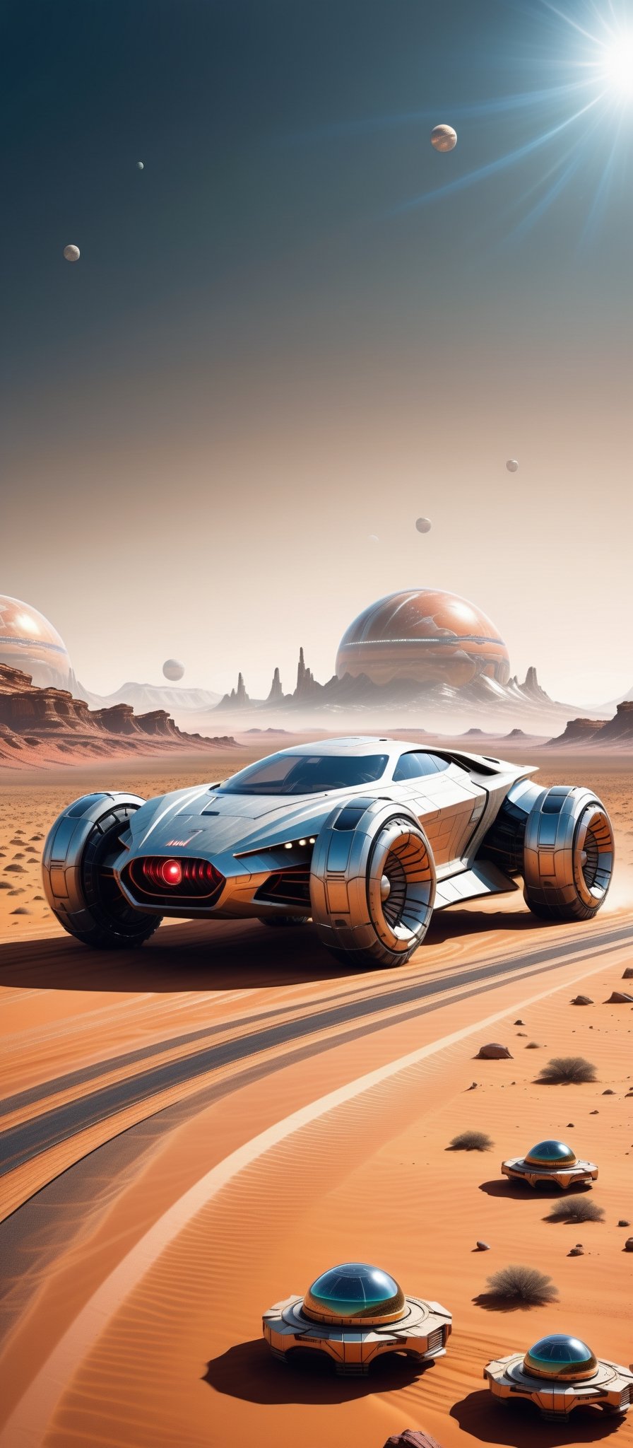 Imagine and create a captivating image of a futuristic space car gracefully traversing the Martian surface. Illuminate this scene with Hi-Tech elements, glowing features, and a super realistic aesthetic. Request a 32k ultra HDR resolution for a high-quality masterpiece that immerses viewers in the marvel of a space vehicle exploring the red planet.