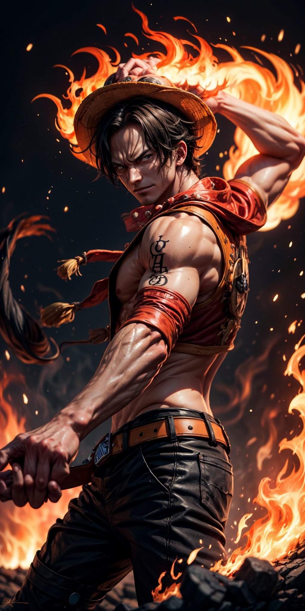 Create the iconic One Piece character, Portgas D. Ace:

"Visualize the legendary Portgas D. Ace, a prominent character from the One Piece anime. He possesses a lithe and muscular physique, reflecting his formidable strength.

Ace is clad in his signature attire, wearing a stylish hat that adds to his iconic appearance. His defining ability is his mastery over fire, and his hands should be ablaze with flickering flames, showcasing his power to manipulate fire at will.

Set him against a background of raging fire, with flames dancing in the backdrop, creating an inferno-like atmosphere. The flames should emphasize his fiery abilities and his unwavering resolve.

Capture this image to pay homage to Portgas D. Ace's character, showcasing his powerful presence and his association with the element of fire, a central theme in his story arc within the One Piece series." ((Perfect face)), ((perfect hands)), ((perfect body)), [perfect image of Portgas D. Ace(one piece anime character)],perfecteyes