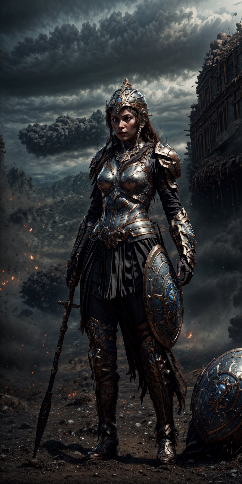 "Create a CG masterpiece with the best quality and stunning detail. It features Athena, the goddess of wisdom, holding a shield in her left hand, a spear in her right hand, adorned with a helmet and armor. She's in an attacking pose, standing amidst a dusty battlefield with a dark background. Please generate an 8K resolution wallpaper that captures this epic scene." (Perfect face), photographic cinematic super super high detailed super realistic image, 4k ultra HDR quality image, (masterpiece 1.2)