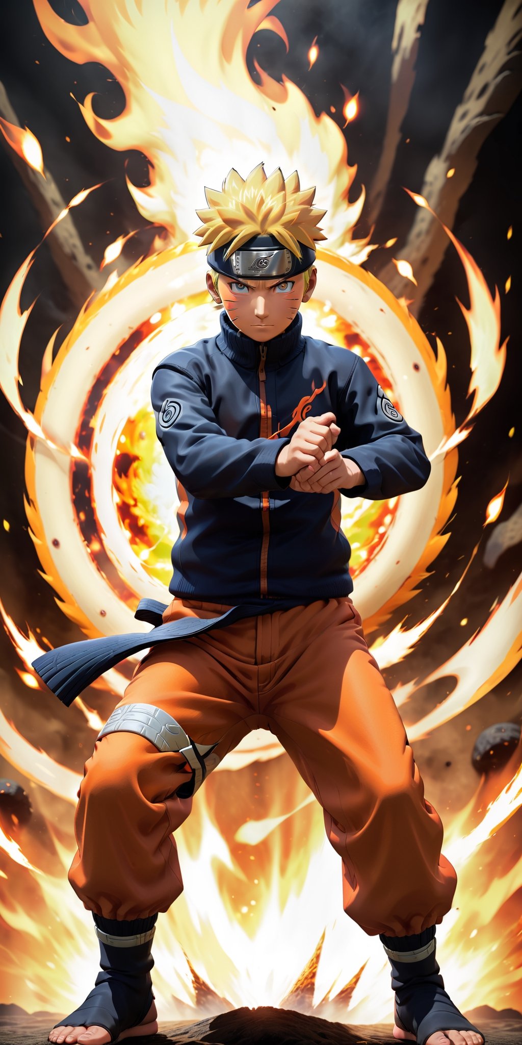 Animate a brief and intense scene featuring Naruto Uzumaki using fire powers. Request a short yet impactful animation capturing Naruto's mastery of fire techniques. Emphasize the fiery details, dynamic movements, and a background that enhances the intensity of his fire-based powers. Aim for a visually striking and captivating animation that showcases Naruto Uzumaki's prowess with flames in a short, action-packed sequence