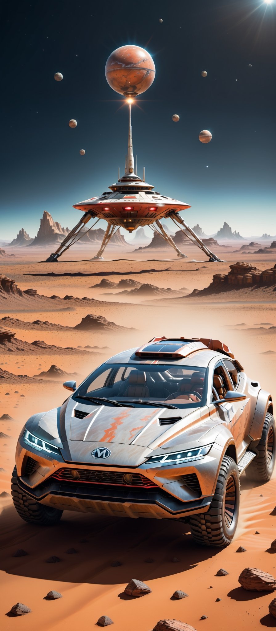 Imagine and create a captivating image of a futuristic space car gracefully traversing the Martian surface. Illuminate this scene with Hi-Tech elements, glowing features, and a super realistic aesthetic. Request a 32k ultra HDR resolution for a high-quality masterpiece that immerses viewers in the marvel of a space vehicle exploring the red planet.